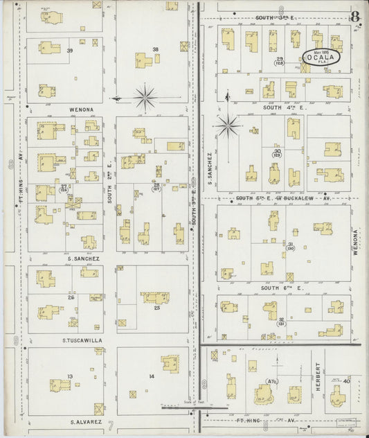 Sanborn Fire Insurance Map from Ocala, Marion County, Florida (1895), Sheet #0008 - Historic Sanborn Fire Insurance Map Print, vintage old map wall art, antique decor, genealogy gift, Florida Florida map