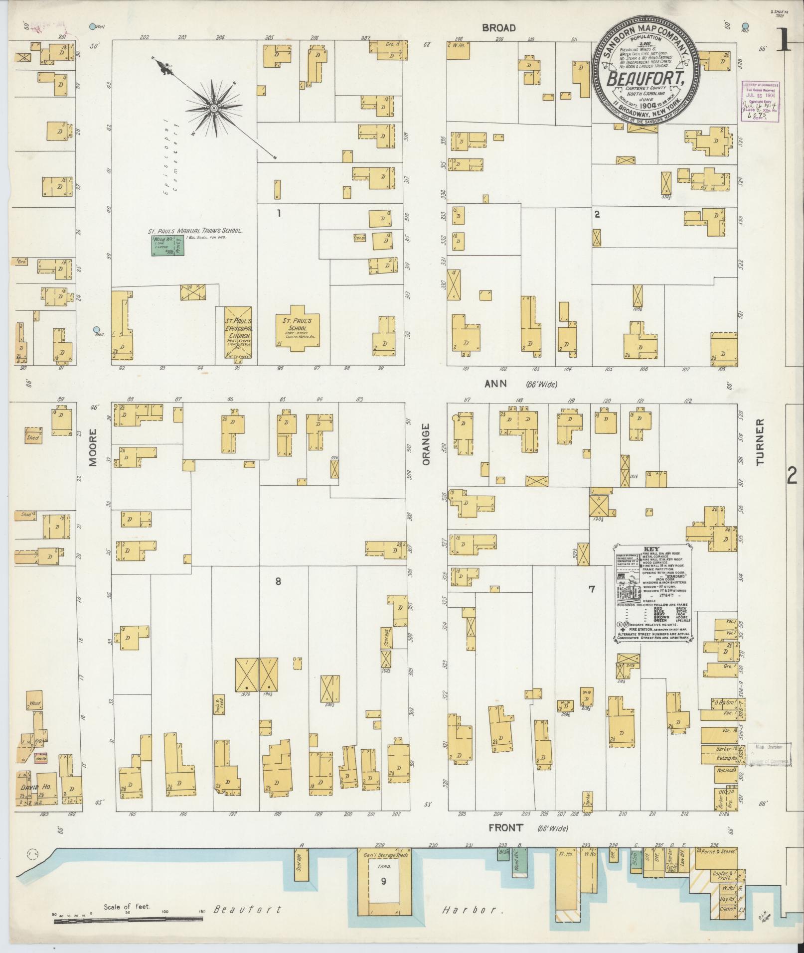 Sanborn Fire Insurance Map from Beaufort, Carteret County, North Carolina (1904), Sheet #0001 - Complete Map Set gallery image, historic Sanborn map, vintage wall art, North Carolina North Carolina