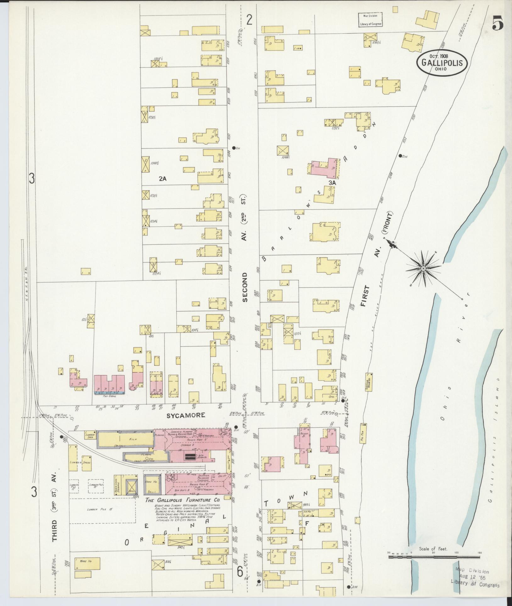 Sanborn Fire Insurance Map from Gallipolis, Gallia County, Ohio (1908), Sheet #0005 - Complete Map Set gallery image, historic Sanborn map, vintage wall art, Ohio Ohio