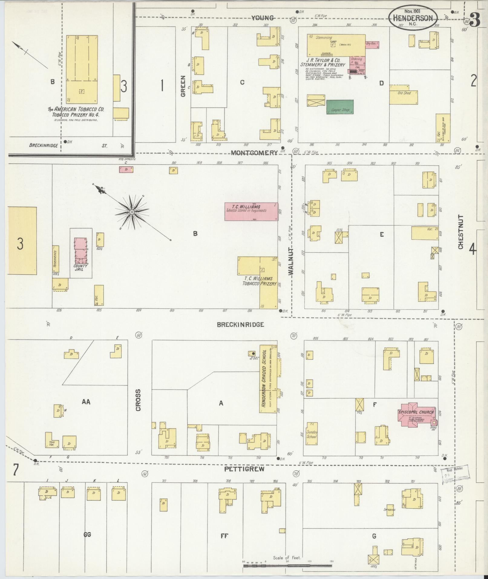 Sanborn Fire Insurance Map from Henderson, Vance County, North Carolina (1901), Sheet #0003 - Complete Map Set gallery image, historic Sanborn map, vintage wall art, North Carolina North Carolina