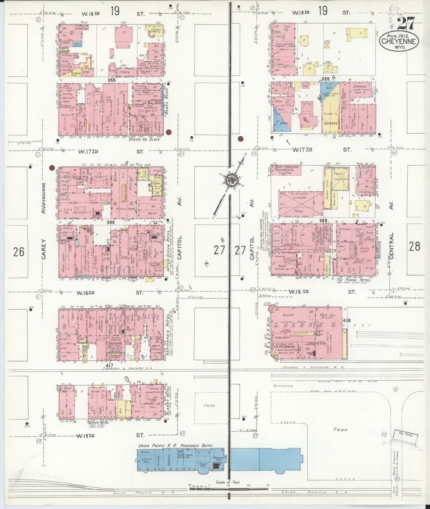Sanborn Fire Insurance Map from Cheyenne, Laramie County, Wyoming (1912), Sheet #0027 - Complete Map Set gallery image, historic Sanborn map, vintage wall art, Wyoming Wyoming