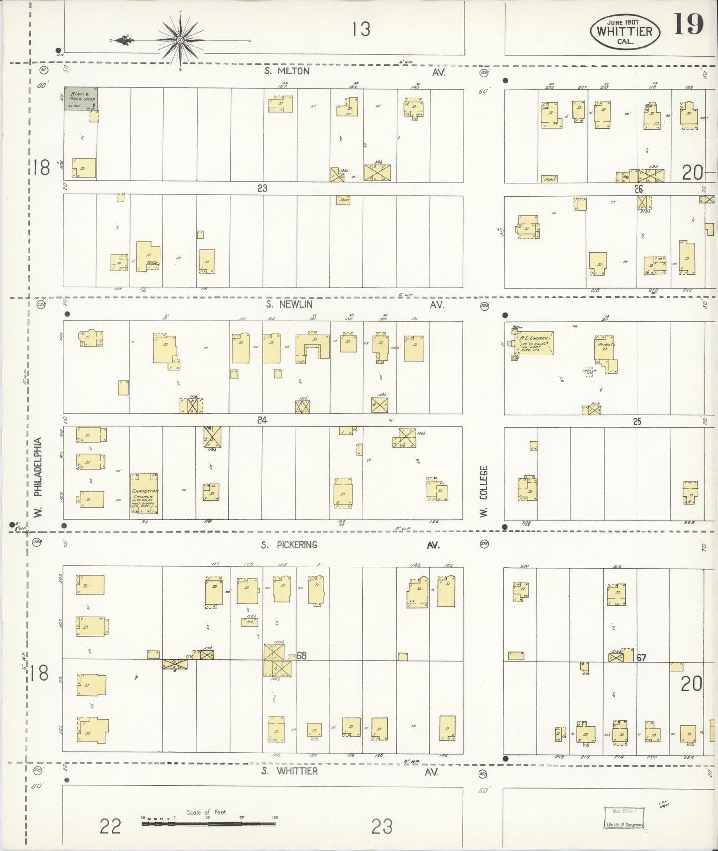Sanborn Fire Insurance Map from Whittier, Los Angeles County, California (1907), Sheet #0019 - Complete Map Set gallery image, historic Sanborn map, vintage wall art, California California