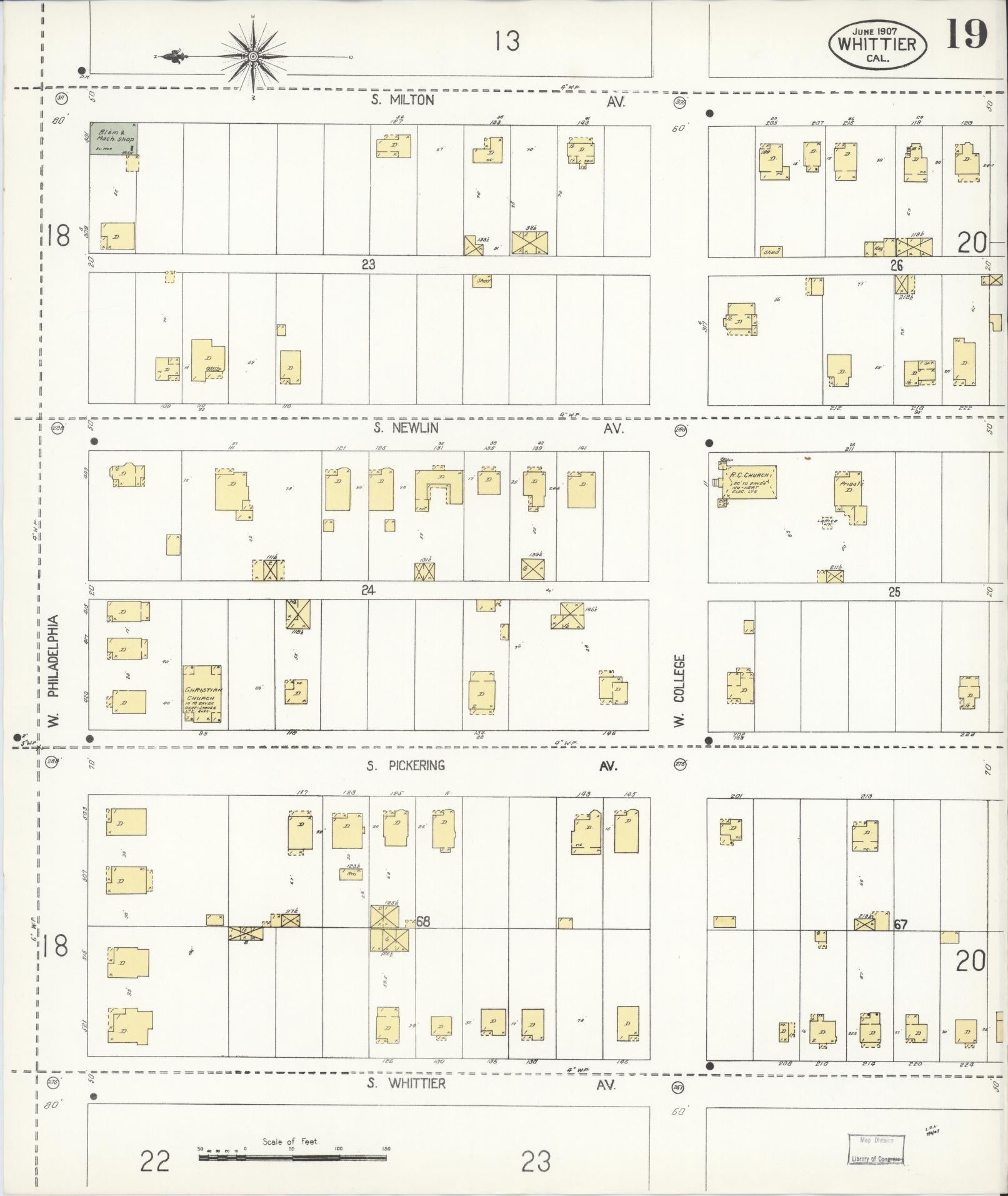 Sanborn Fire Insurance Map from Whittier, Los Angeles County, California (1907), Sheet #0019 - Complete Map Set gallery image, historic Sanborn map, vintage wall art, California California