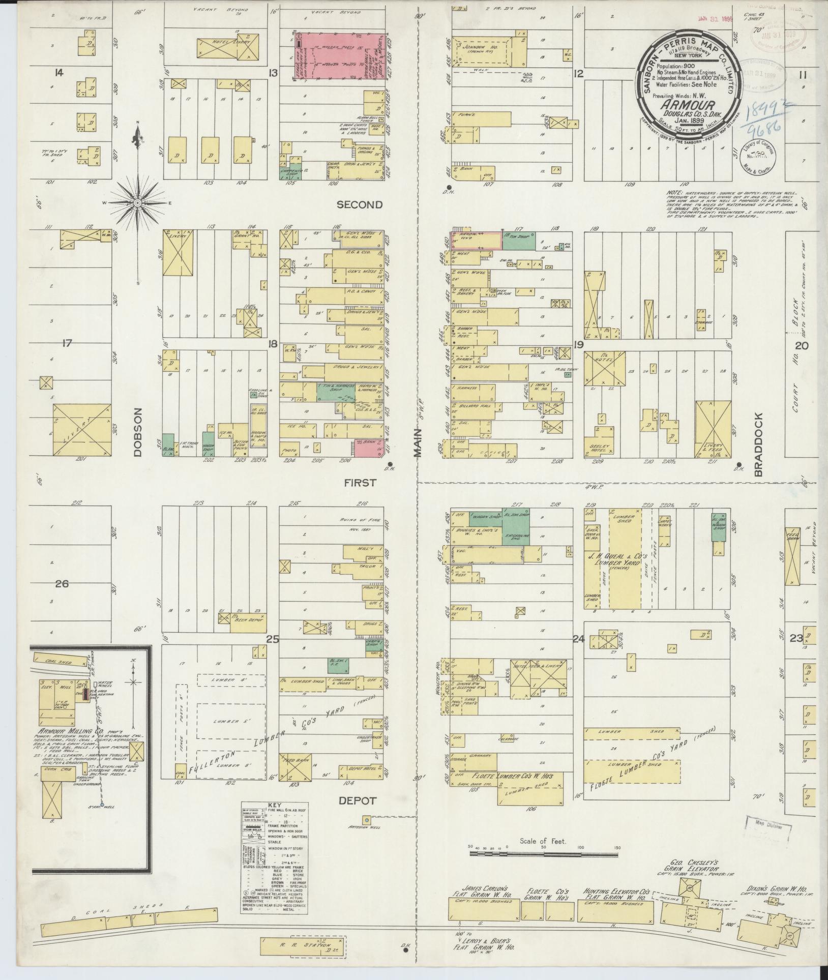 Sanborn Fire Insurance Map from Armour, Douglas County, South Dakota (1899), Sheet #0001 - Historic Sanborn Fire Insurance Map Print, vintage old map wall art, antique decor, genealogy gift, South Dakota South Dakota map