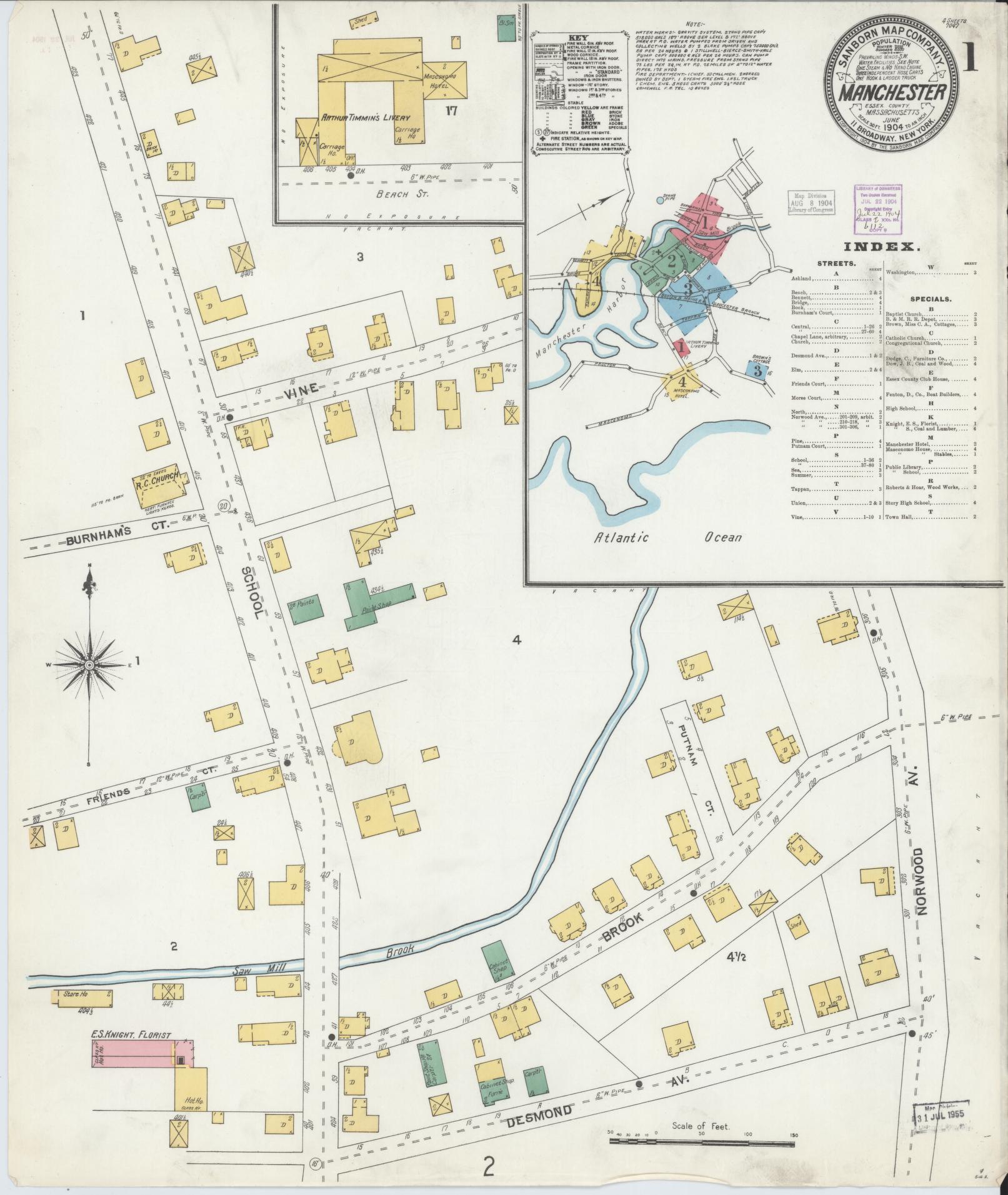 Sanborn Fire Insurance Map from Manchester, Essex County, Massachusetts (1904), Sheet #0001 - Historic Sanborn Fire Insurance Map Print, vintage old map wall art, antique decor, genealogy gift, Massachusetts Massachusetts map