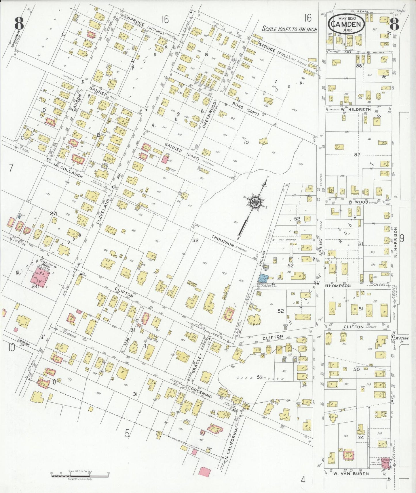 Sanborn Fire Insurance Map from Camden, Ouachita County, Arkansas (1930), Sheet #0008 - Historic Sanborn Fire Insurance Map Print, vintage old map wall art, antique decor, genealogy gift, Arkansas Arkansas map