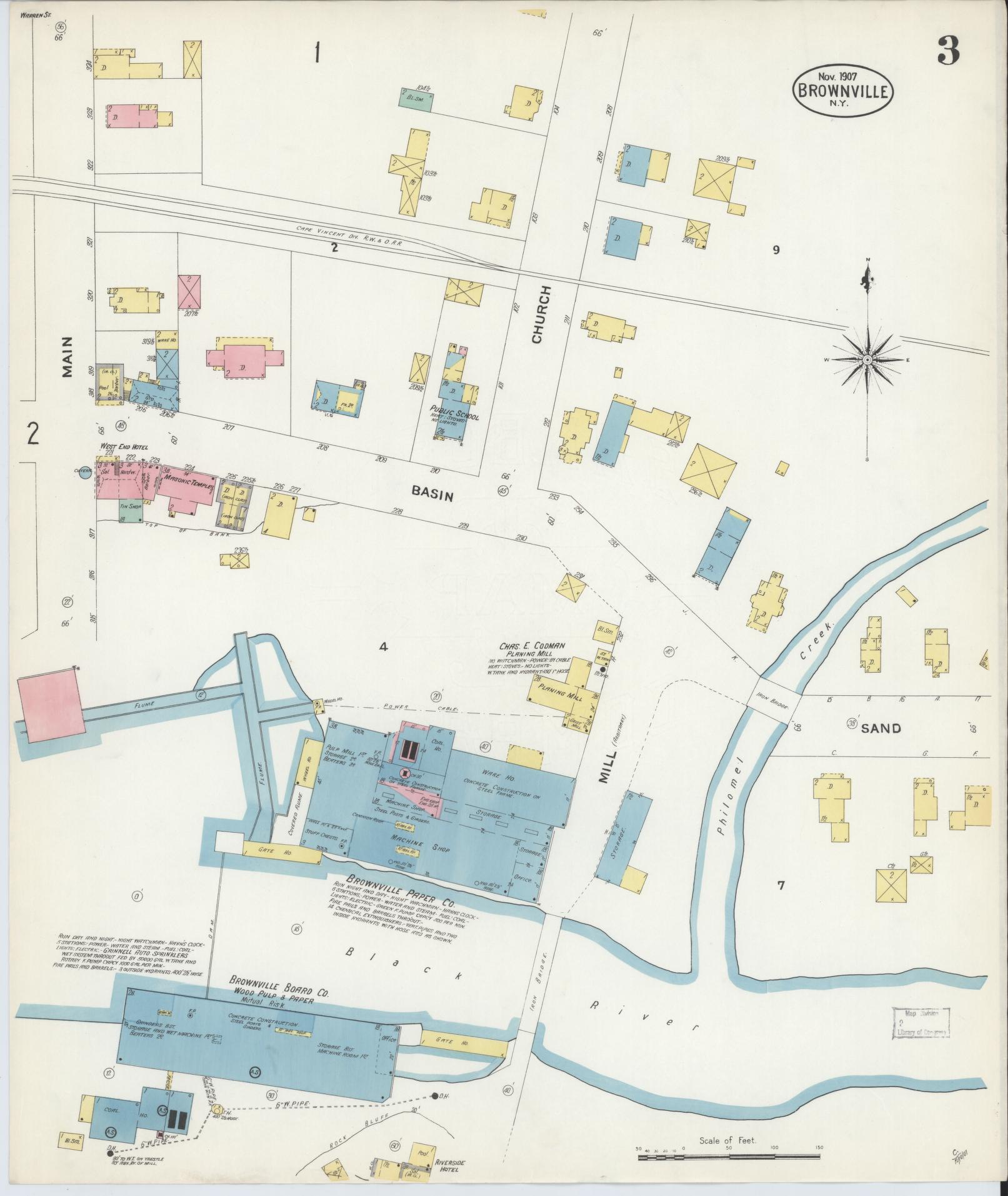 Sanborn Fire Insurance Map from Brownville, Jefferson County, New York (1907), Sheet #0003 - Historic Sanborn Fire Insurance Map Print, vintage old map wall art, antique decor, genealogy gift, New York New York map