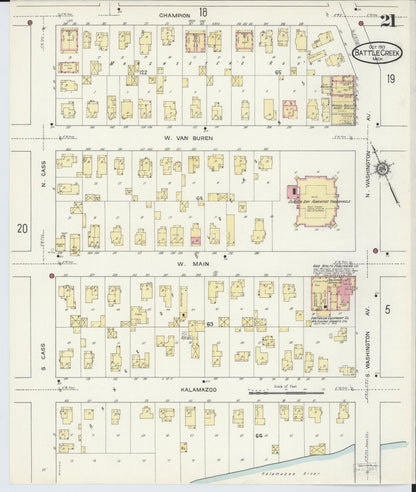 Sanborn Fire Insurance Map from Battle Creek, Calhoun County, Michigan (1913), Sheet #0021 - Historic Sanborn Fire Insurance Map Print, vintage old map wall art, antique decor, genealogy gift, Michigan Michigan map