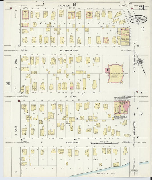 Sanborn Fire Insurance Map from Battle Creek, Calhoun County, Michigan (1913), Sheet #0021 - Historic Sanborn Fire Insurance Map Print, vintage old map wall art, antique decor, genealogy gift, Michigan Michigan map