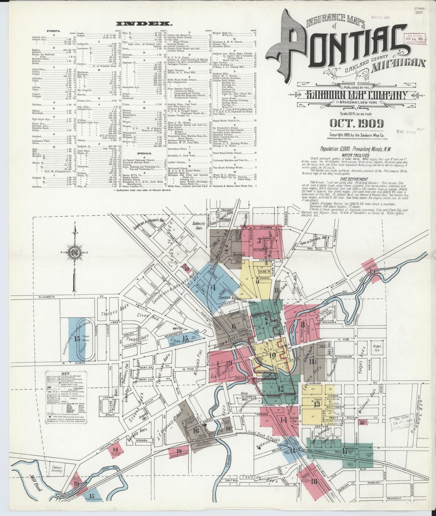 Sanborn Fire Insurance Map from Pontiac, Oakland County, Michigan (1909), Sheet #0001 - Complete Map Set gallery image, historic Sanborn map, vintage wall art, Michigan Michigan