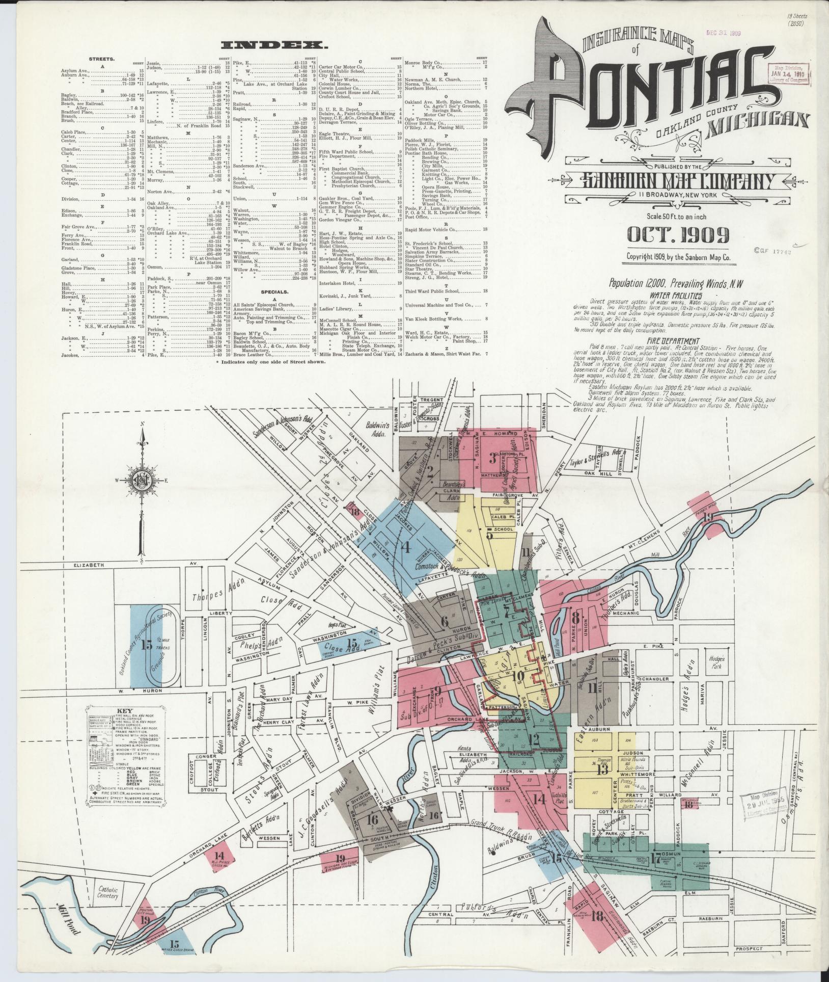 Sanborn Fire Insurance Map from Pontiac, Oakland County, Michigan (1909), Sheet #0001 - Complete Map Set gallery image, historic Sanborn map, vintage wall art, Michigan Michigan