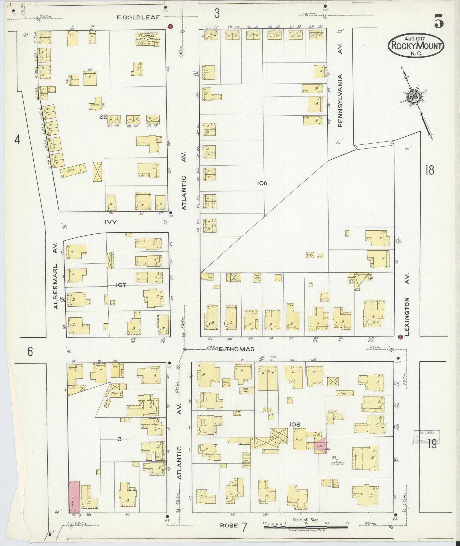 Sanborn Fire Insurance Map from Rocky Mount, Edgecombe And Nash Counties, North Carolina (1917), Sheet #0005 - Complete Map Set gallery image, historic Sanborn map, vintage wall art, North Carolina North Carolina