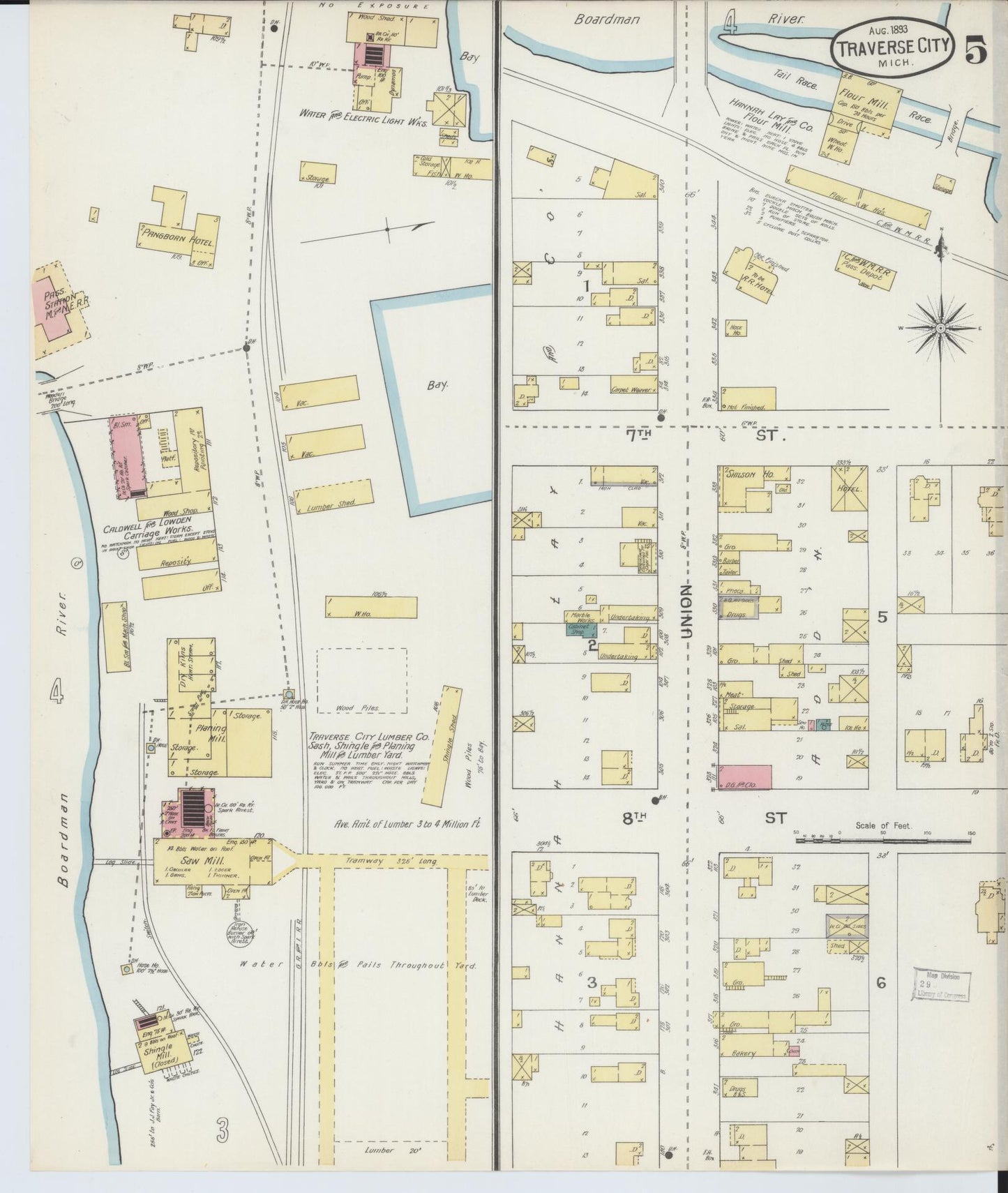 Sanborn Fire Insurance Map from Traverse City, Grand Traverse County, Michigan (1893), Sheet #0005 - Historic Sanborn Fire Insurance Map Print, vintage old map wall art, antique decor, genealogy gift, Michigan Michigan map