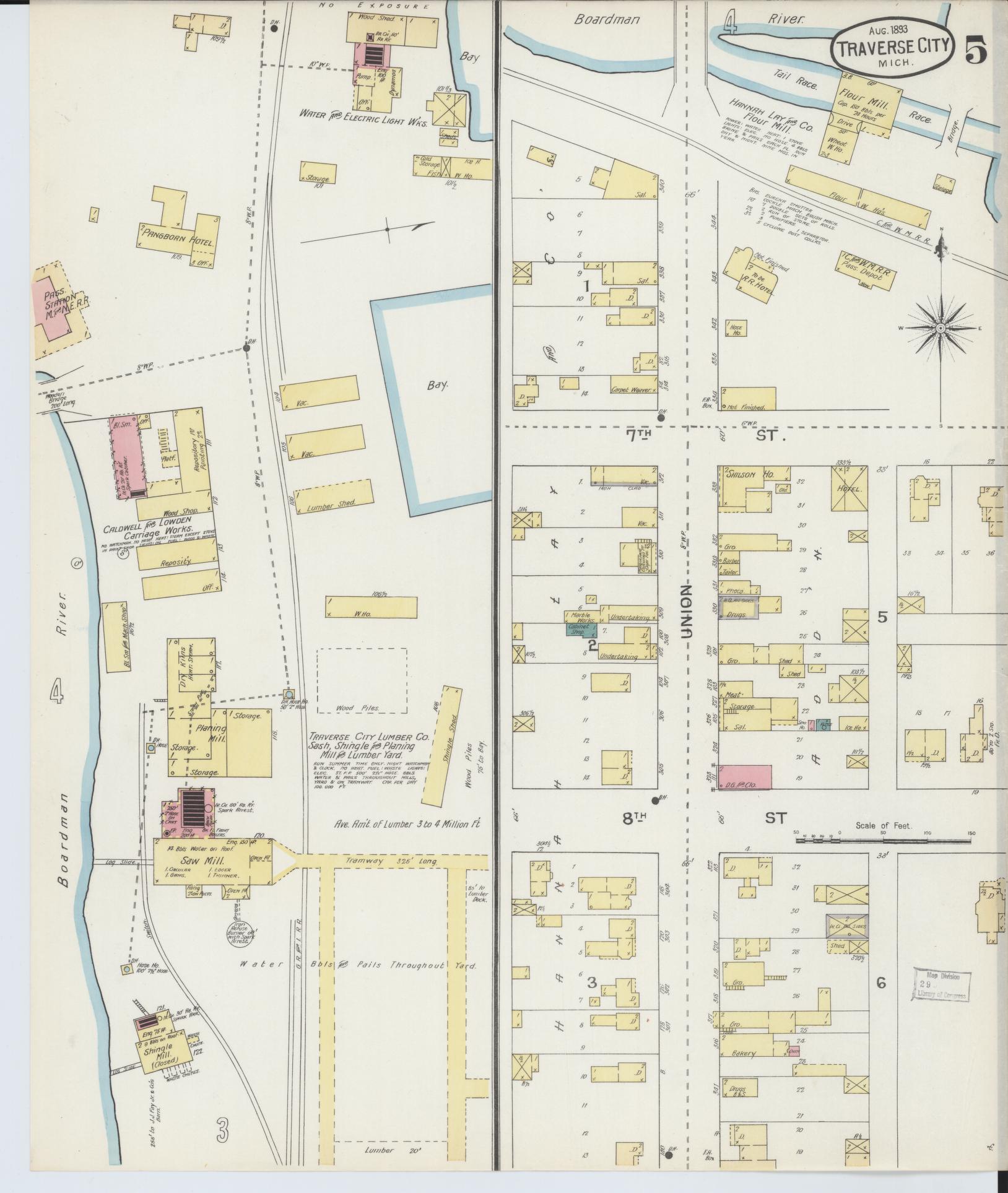 Sanborn Fire Insurance Map from Traverse City, Grand Traverse County, Michigan (1893), Sheet #0005 - Historic Sanborn Fire Insurance Map Print, vintage old map wall art, antique decor, genealogy gift, Michigan Michigan map