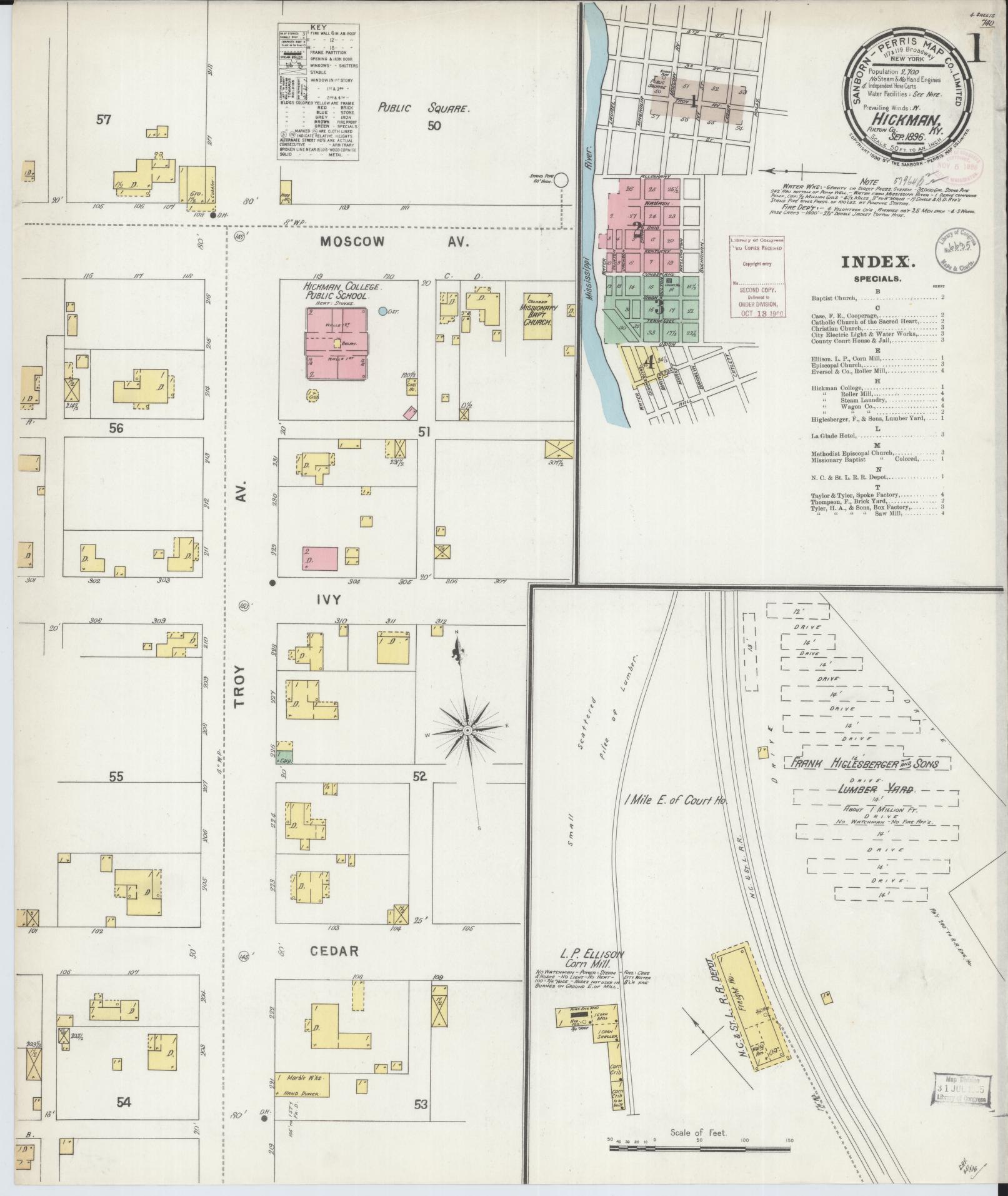 Sanborn Fire Insurance Map from Hickman, Fulton County, Kentucky (1896), Sheet #0001 - Complete Map Set gallery image, historic Sanborn map, vintage wall art, Kentucky Kentucky