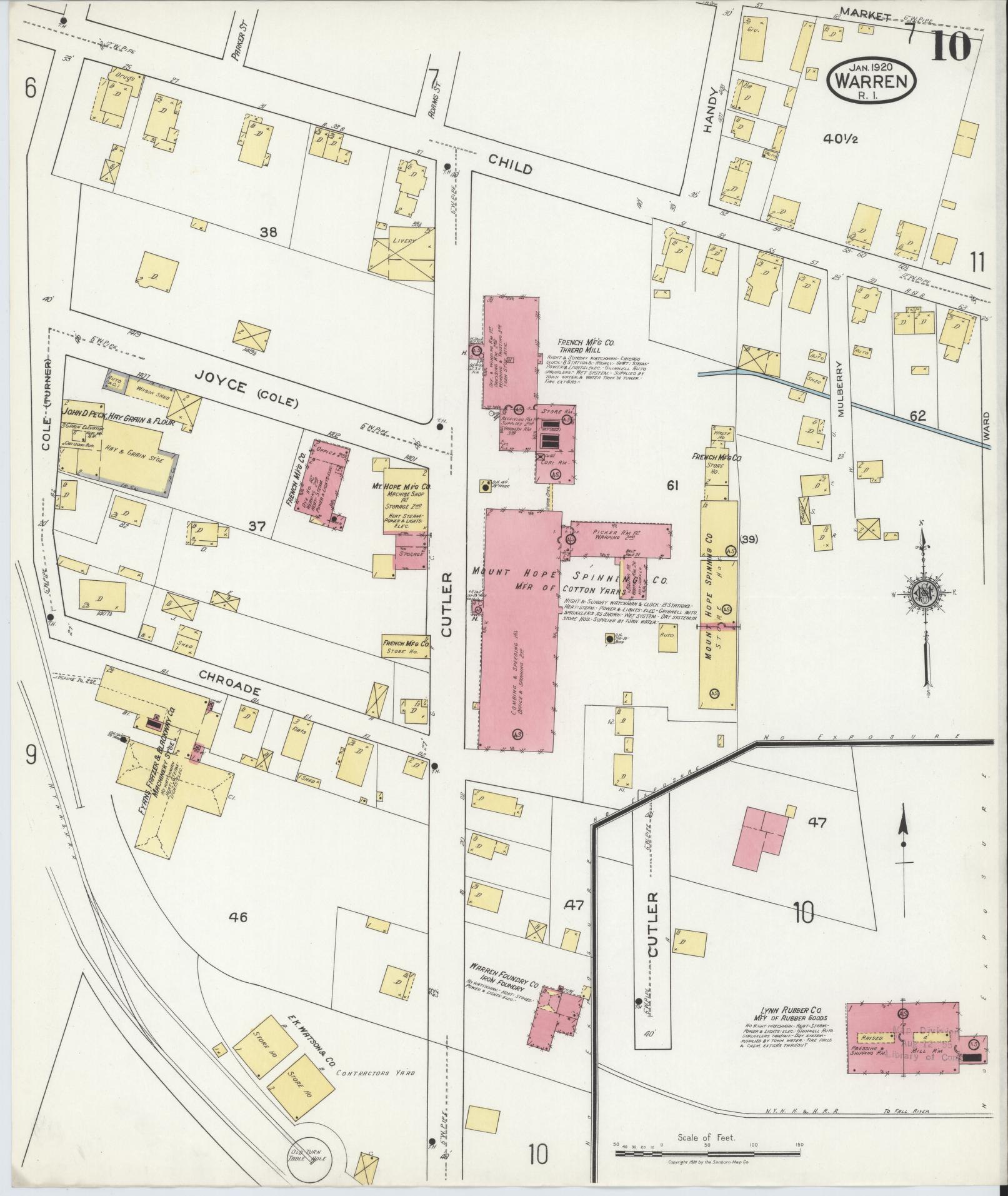 Sanborn Fire Insurance Map from Warren, Bristol County, Rhode Island (1920), Sheet #0010 - Historic Sanborn Fire Insurance Map Print, vintage old map wall art, antique decor, genealogy gift, Rhode Island Rhode Island map