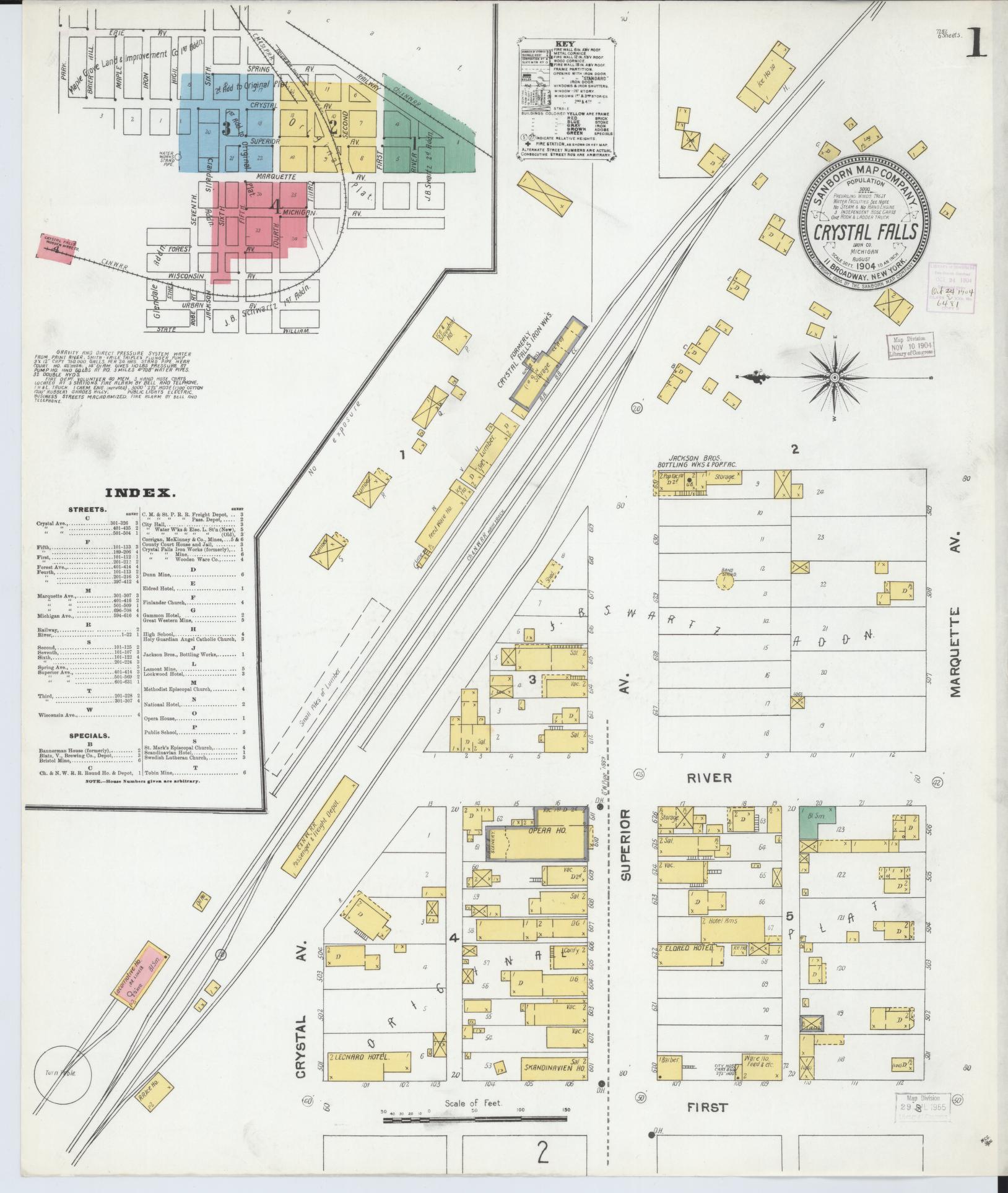 Sanborn Fire Insurance Map from Crystal Falls, Iron County, Michigan (1904), Sheet #0001 - Historic Sanborn Fire Insurance Map Print, vintage old map wall art, antique decor, genealogy gift, Michigan Michigan map