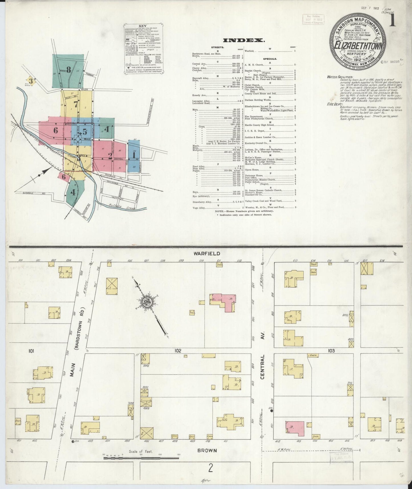 Sanborn Fire Insurance Map from Elizabethtown, Hardin County, Kentucky (1912), Sheet #0001 - Complete Map Set gallery image, historic Sanborn map, vintage wall art, Kentucky Kentucky