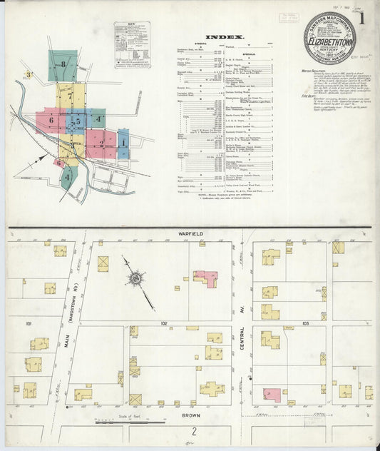 Sanborn Fire Insurance Map from Elizabethtown, Hardin County, Kentucky (1912), Sheet #0001 - Complete Map Set gallery image, historic Sanborn map, vintage wall art, Kentucky Kentucky