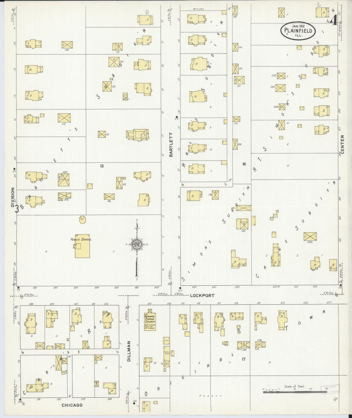 Sanborn Fire Insurance Map from Plainfield, Will County, Illinois (1912), Sheet #0004 - Complete Map Set gallery image, historic Sanborn map, vintage wall art, Illinois Illinois