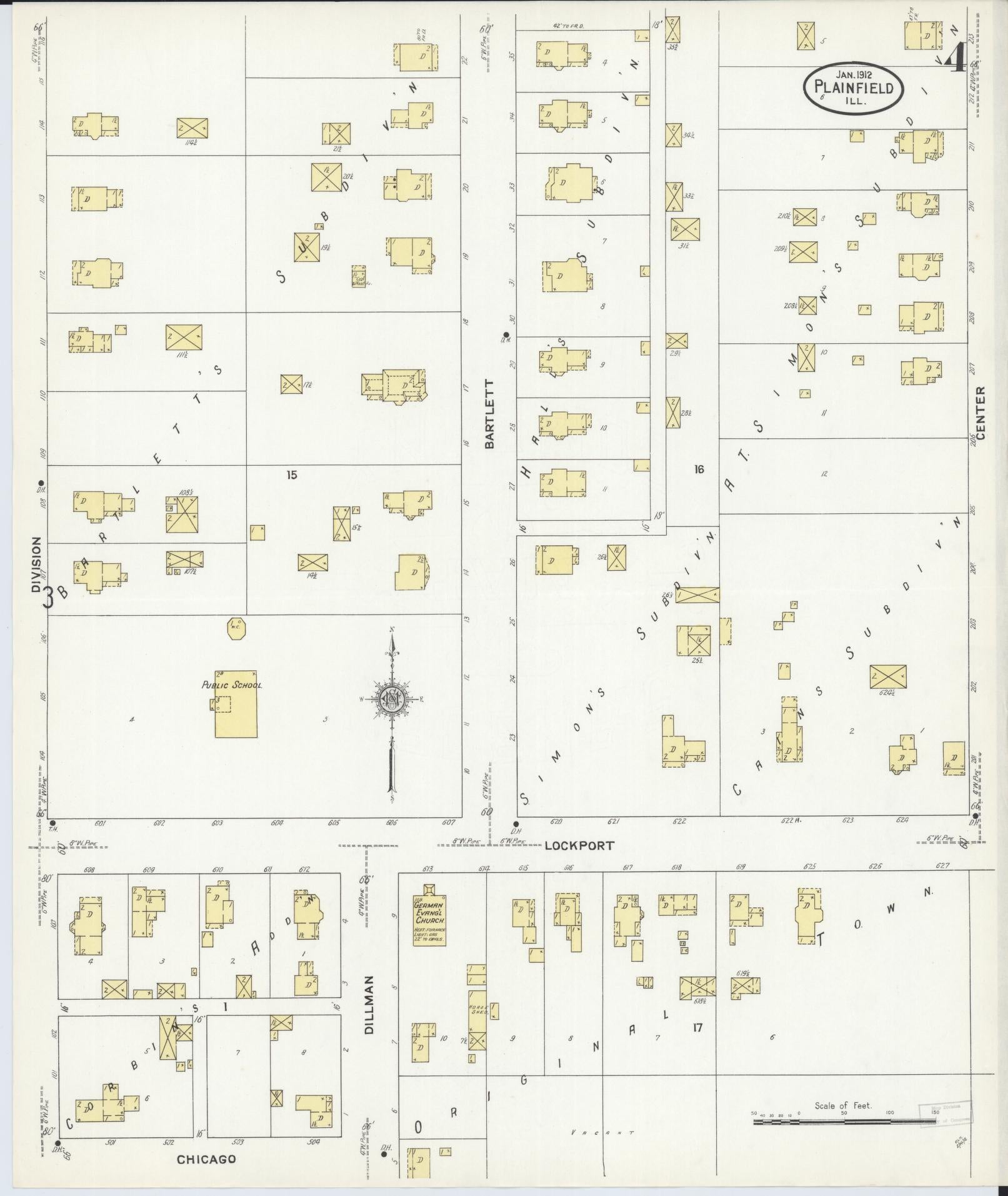 Sanborn Fire Insurance Map from Plainfield, Will County, Illinois (1912), Sheet #0004 - Complete Map Set gallery image, historic Sanborn map, vintage wall art, Illinois Illinois