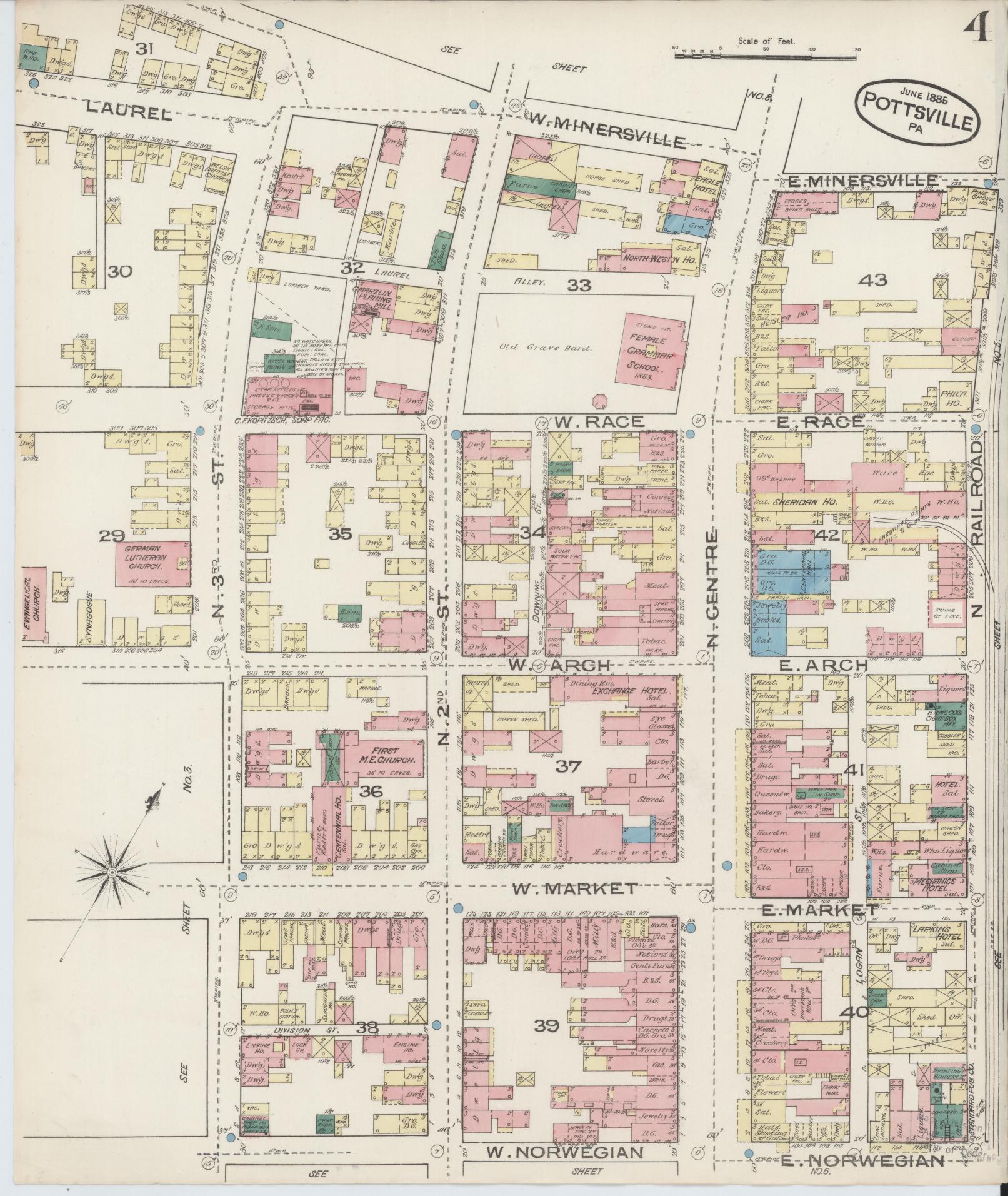 Sanborn Fire Insurance Map from Pottsville, Schuylkill County, Pennsylvania (1885), Sheet #0004 - Complete Map Set gallery image, historic Sanborn map, vintage wall art, Pennsylvania Pennsylvania