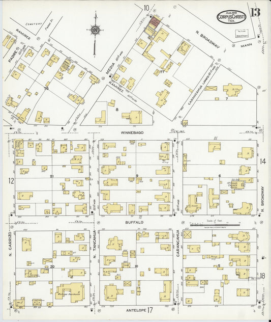 Sanborn Fire Insurance Map from Corpus Christi, Nueces County, Texas (1919), Sheet #0013 - Historic Sanborn Fire Insurance Map Print, vintage old map wall art, antique decor, genealogy gift, Texas Texas map