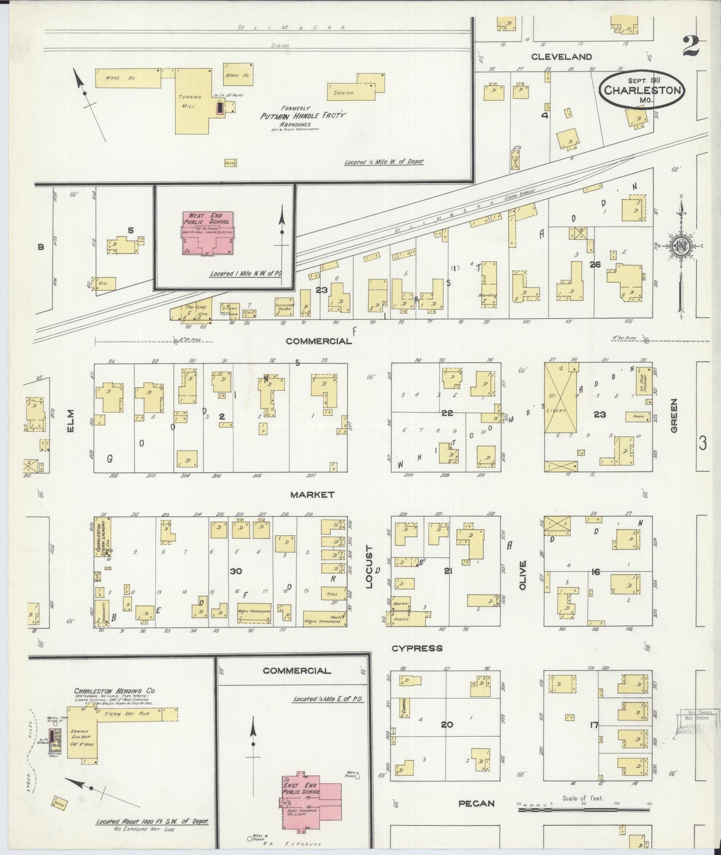 Sanborn Fire Insurance Map from Charleston, Mississippi County, Missouri (1911), Sheet #0002 - Historic Sanborn Fire Insurance Map Print, vintage old map wall art, antique decor, genealogy gift, Charleston Mississippi map