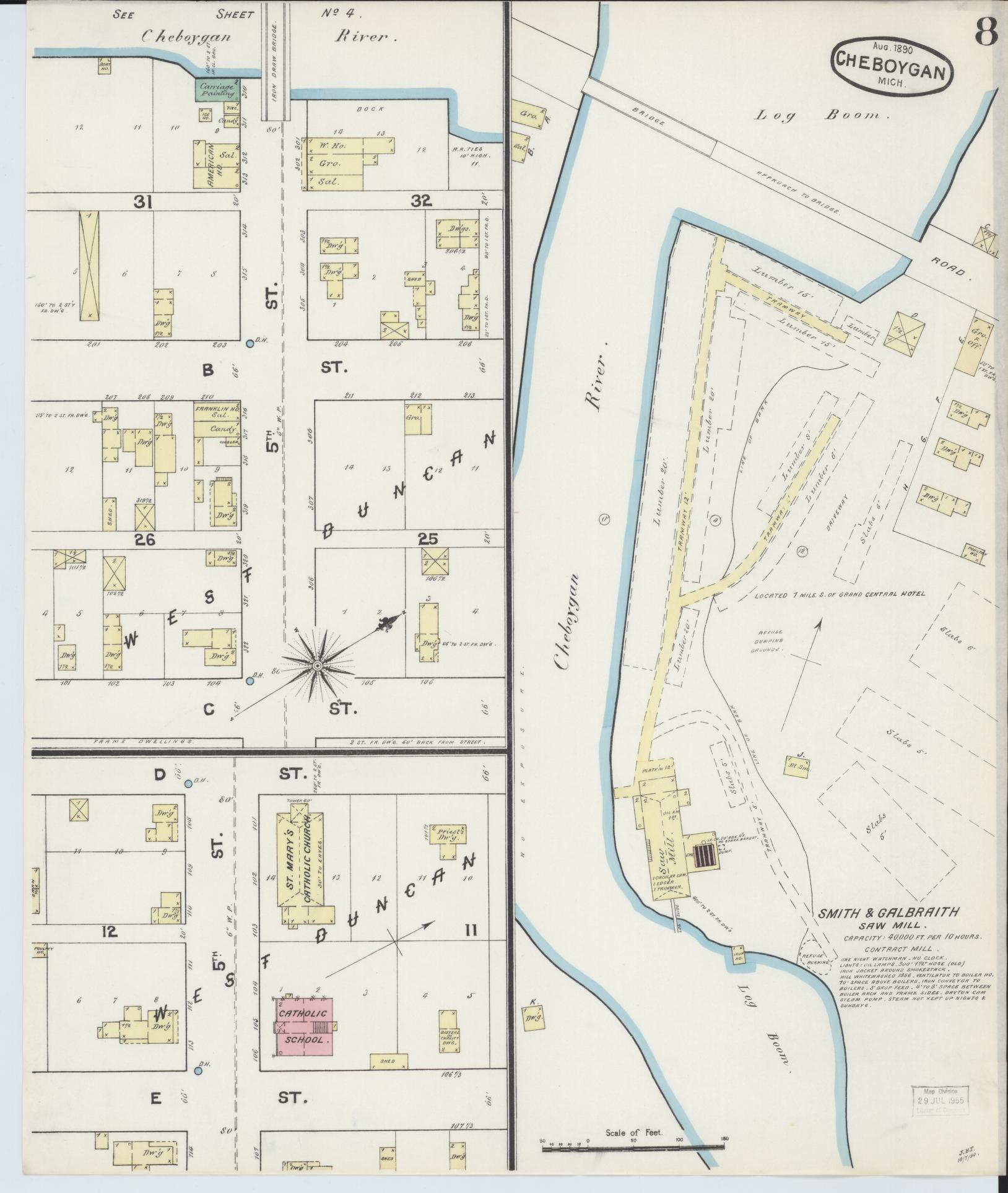 Sanborn Fire Insurance Map from Cheboygan, Cheboygan County, Michigan (1890), Sheet #0008 - Historic Sanborn Fire Insurance Map Print, vintage old map wall art, antique decor, genealogy gift, Michigan Michigan map