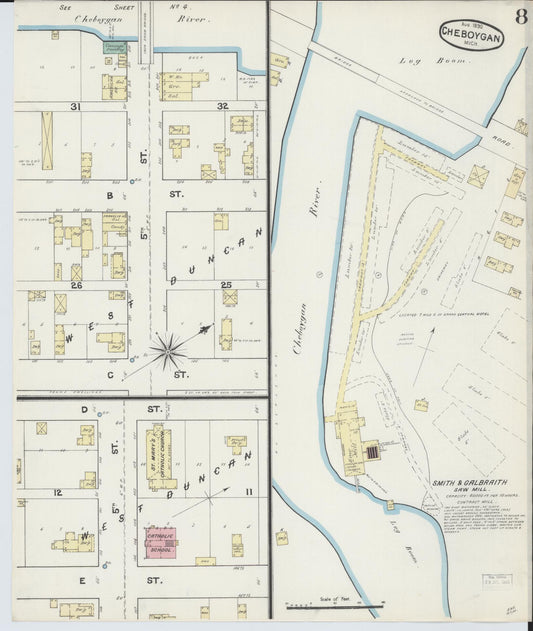 Sanborn Fire Insurance Map from Cheboygan, Cheboygan County, Michigan (1890), Sheet #0008 - Historic Sanborn Fire Insurance Map Print, vintage old map wall art, antique decor, genealogy gift, Michigan Michigan map