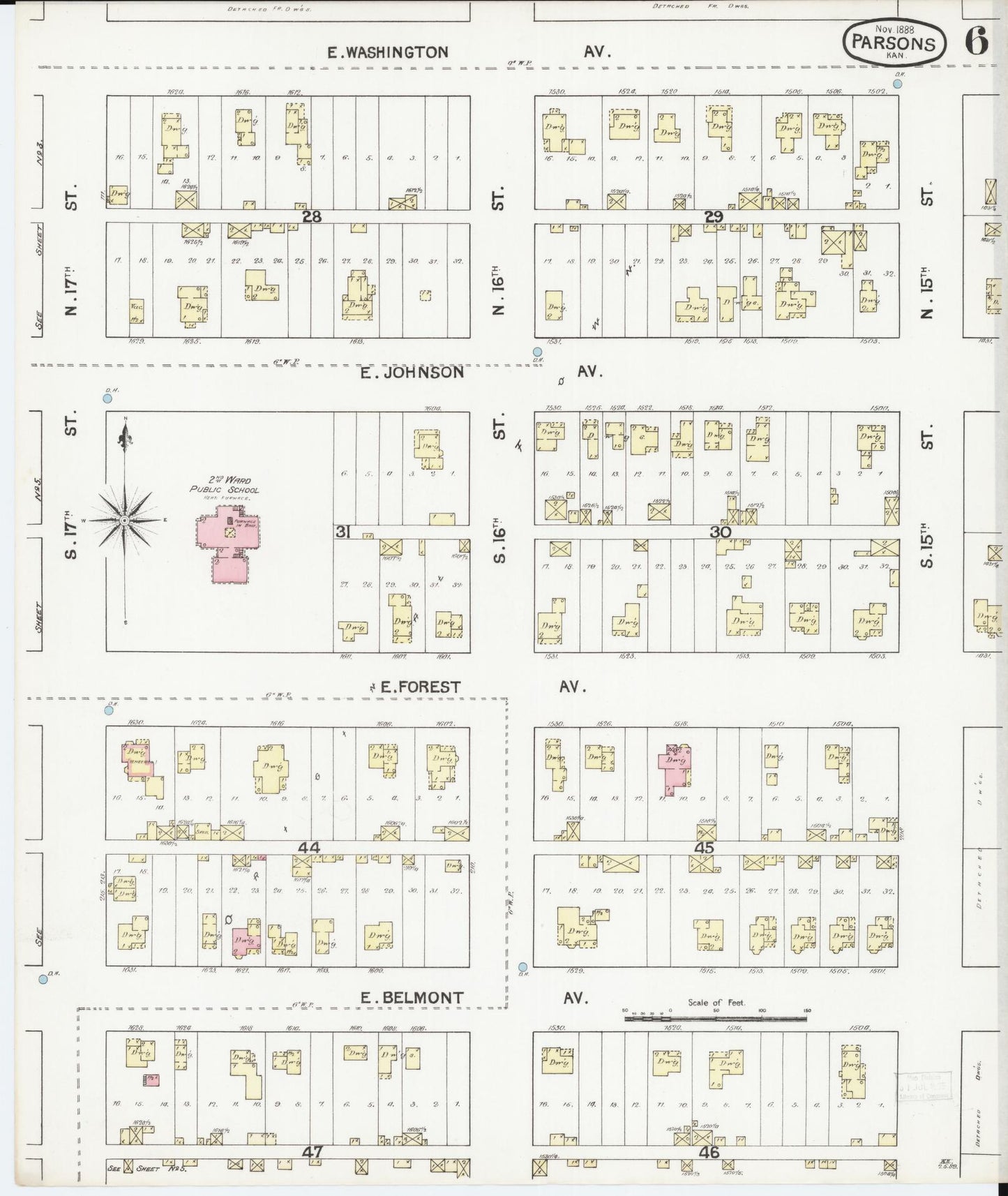 Sanborn Fire Insurance Map from Parsons, Labette County, Kansas (1888), Sheet #0006 - Historic Sanborn Fire Insurance Map Print, vintage old map wall art, antique decor, genealogy gift, Kansas Kansas map