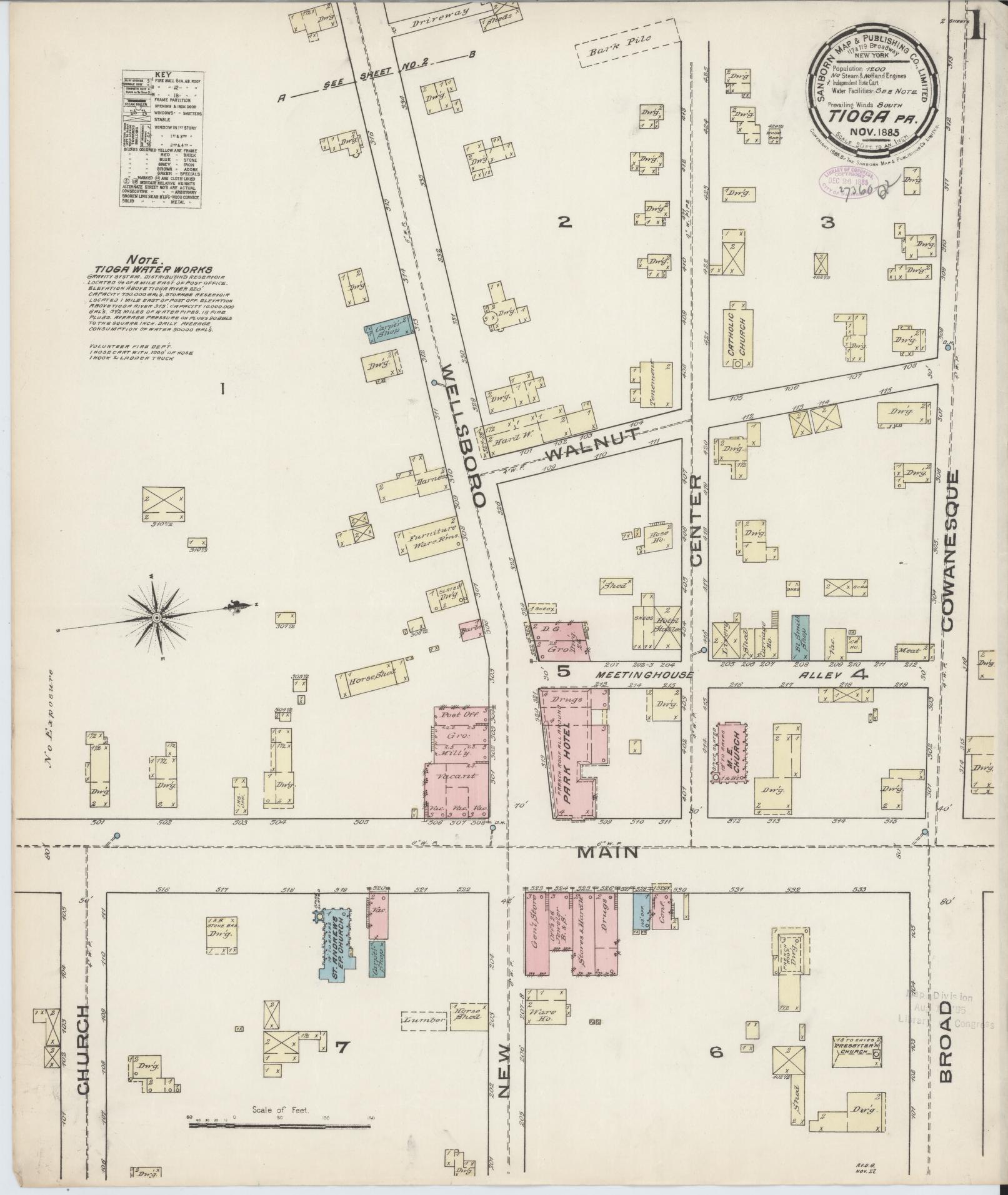 Sanborn Fire Insurance Map from Tioga, Tioga County, Pennsylvania (1885), Sheet #0001 - Complete Map Set gallery image, historic Sanborn map, vintage wall art, Pennsylvania Pennsylvania