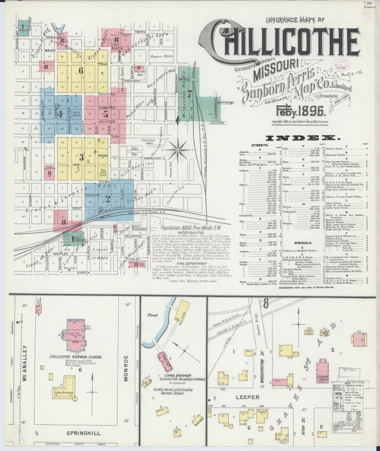 Sanborn Fire Insurance Map from Chillicothe, Livingston County, Missouri (1896), Sheet #0001 - Historic Sanborn Fire Insurance Map Print, vintage old map wall art, antique decor, genealogy gift, Missouri Missouri map