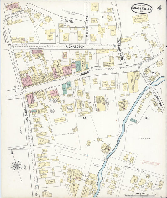 Sanborn Fire Insurance Map from Grass Valley, Nevada County, California (1891), Sheet #0004 - Historic Sanborn Fire Insurance Map Print, vintage old map wall art, antique decor, genealogy gift, California California map