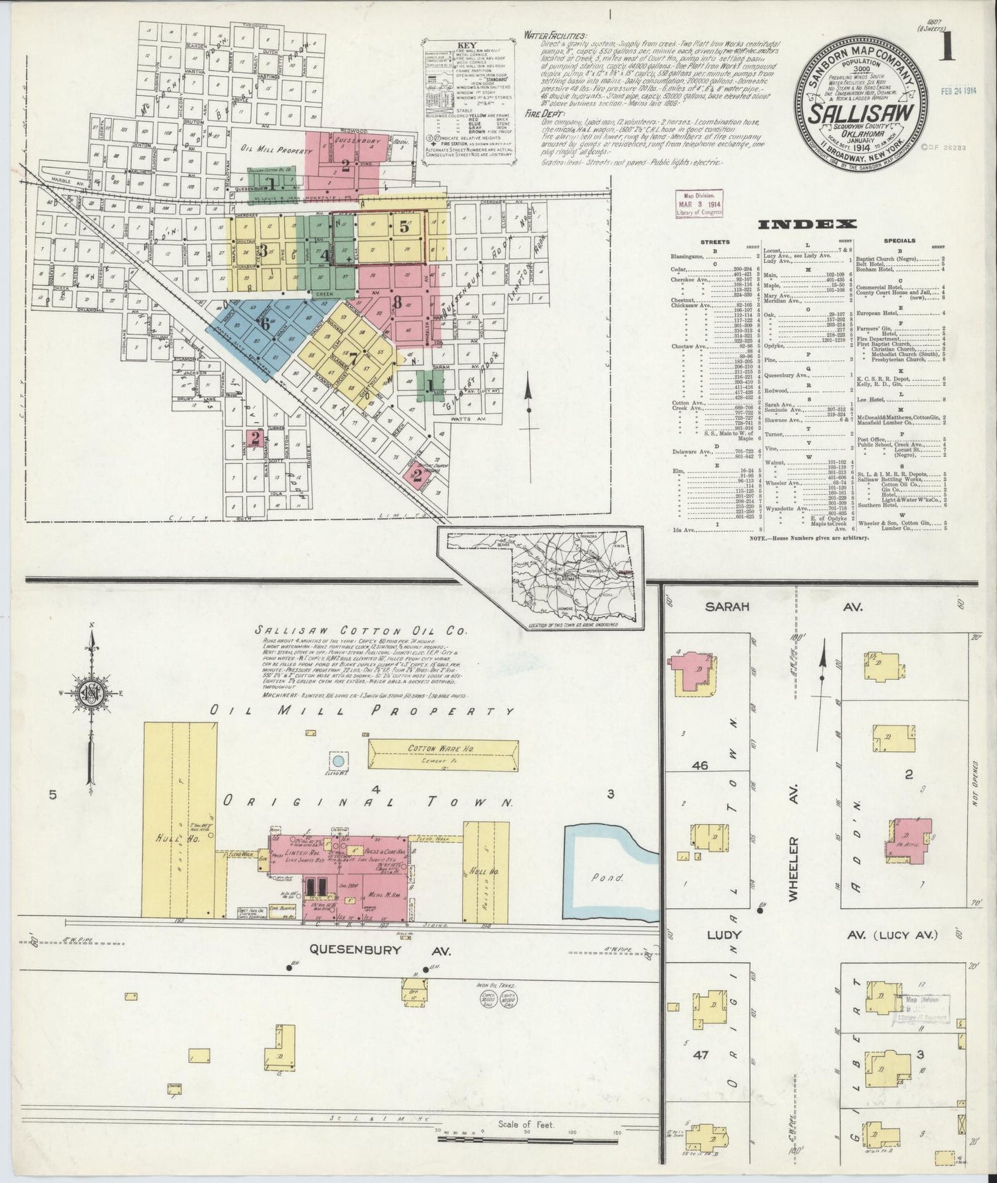 Sanborn Fire Insurance Map from Sallisaw, Sequoyah County, Oklahoma (1914), Sheet #0001 - Complete Map Set gallery image, historic Sanborn map, vintage wall art, Oklahoma Oklahoma