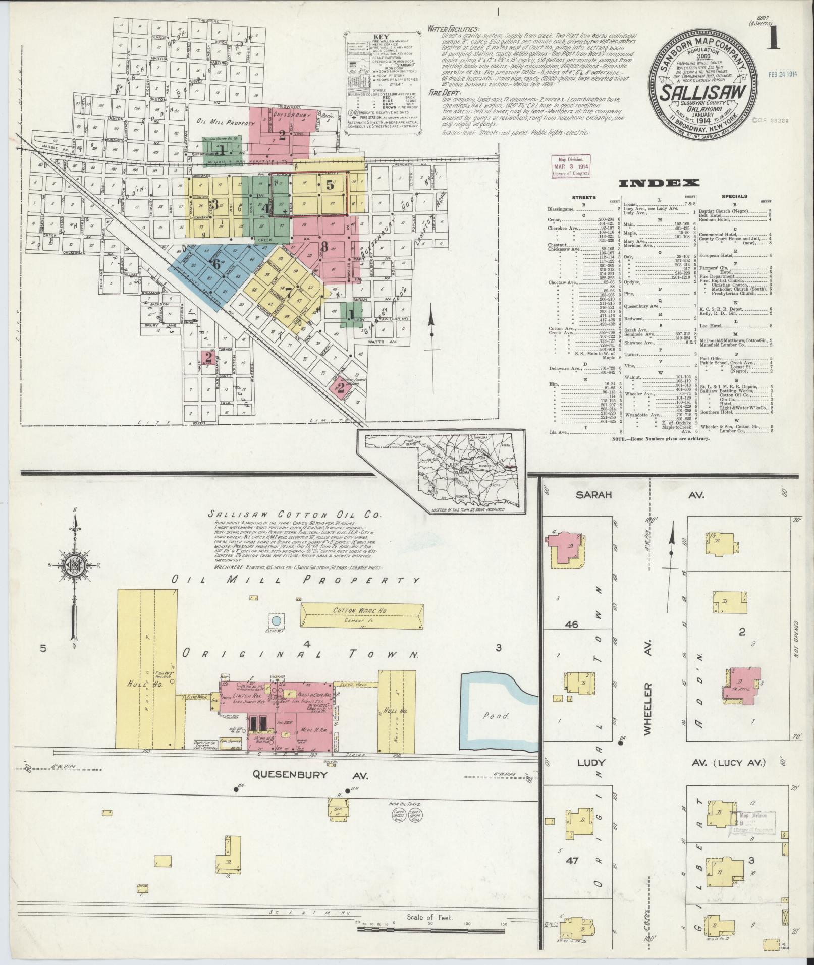 Sanborn Fire Insurance Map from Sallisaw, Sequoyah County, Oklahoma (1914), Sheet #0001 - Complete Map Set gallery image, historic Sanborn map, vintage wall art, Oklahoma Oklahoma