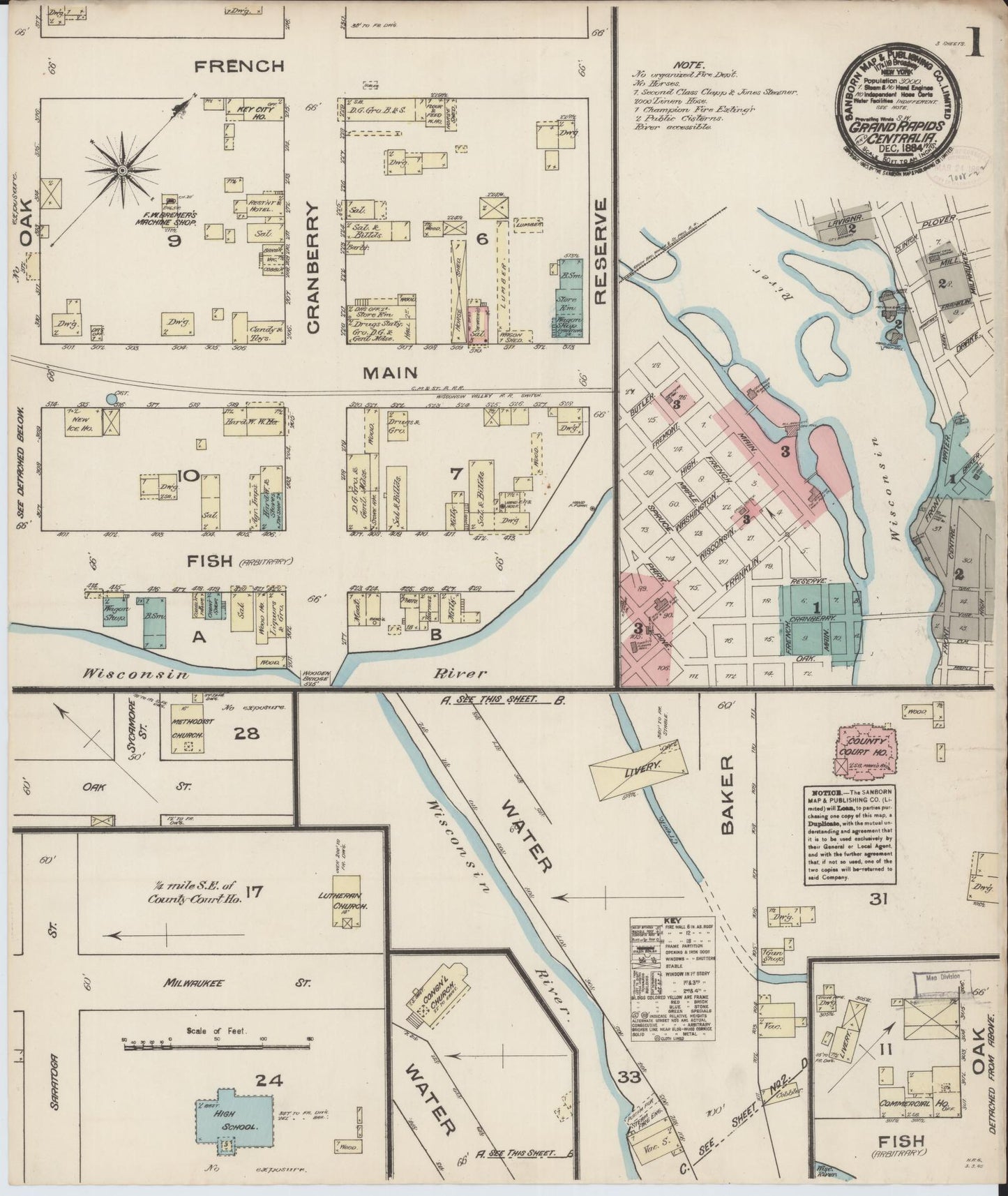 Sanborn Fire Insurance Map from Grand Rapids, Wood County, Wisconsin (1884), Sheet #0001 - Historic Sanborn Fire Insurance Map Print, vintage old map wall art, antique decor, genealogy gift, Wisconsin Wisconsin map