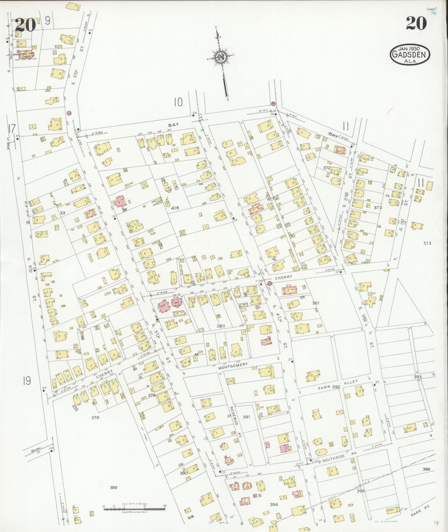 Sanborn Fire Insurance Map from Gadsden, Etowah County, Alabama (1930), Sheet #0020 - Historic Sanborn Fire Insurance Map Print, vintage old map wall art, antique decor, genealogy gift, Alabama Alabama map