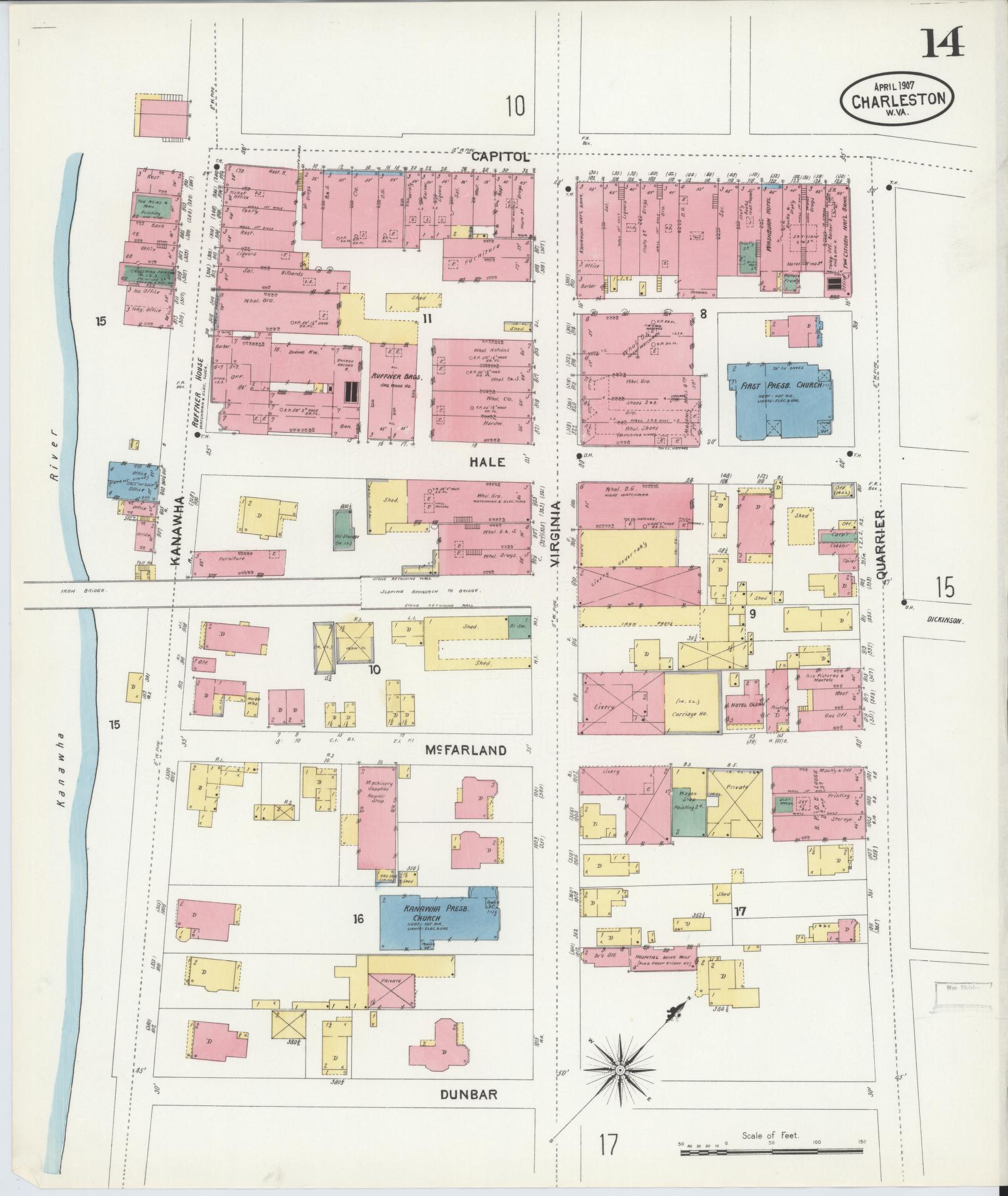 Sanborn Fire Insurance Map from Charleston, Kanawha County, West Virginia (1907), Sheet #0014 - Complete Map Set gallery image, historic Sanborn map, vintage wall art, West Virginia West Virginia