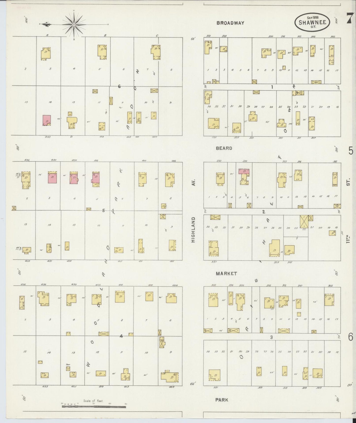 Sanborn Fire Insurance Map from Shawnee, Pottawatomie County, Oklahoma (1898), Sheet #0007 - Complete Map Set gallery image, historic Sanborn map, vintage wall art, Oklahoma Oklahoma
