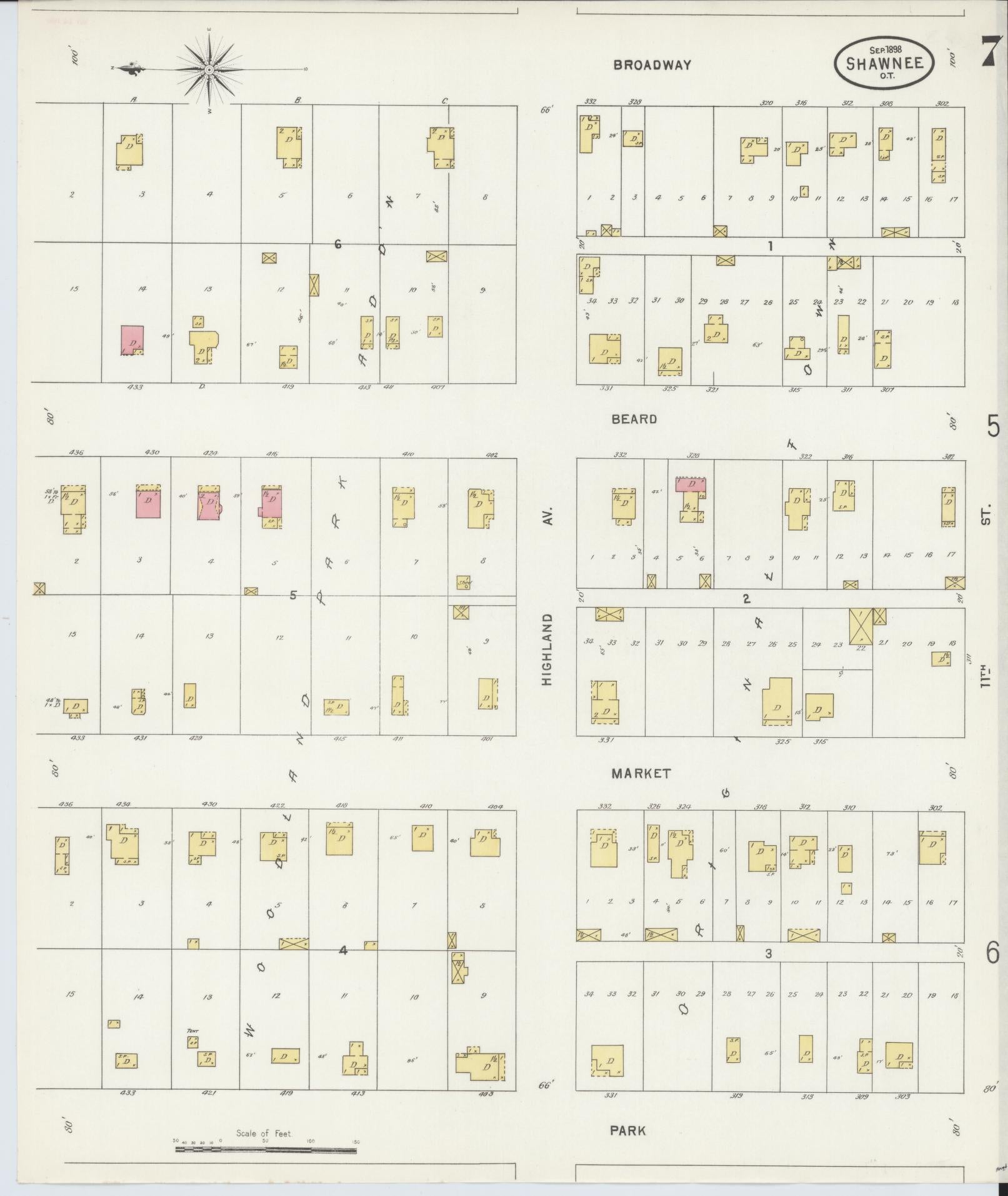 Sanborn Fire Insurance Map from Shawnee, Pottawatomie County, Oklahoma (1898), Sheet #0007 - Complete Map Set gallery image, historic Sanborn map, vintage wall art, Oklahoma Oklahoma
