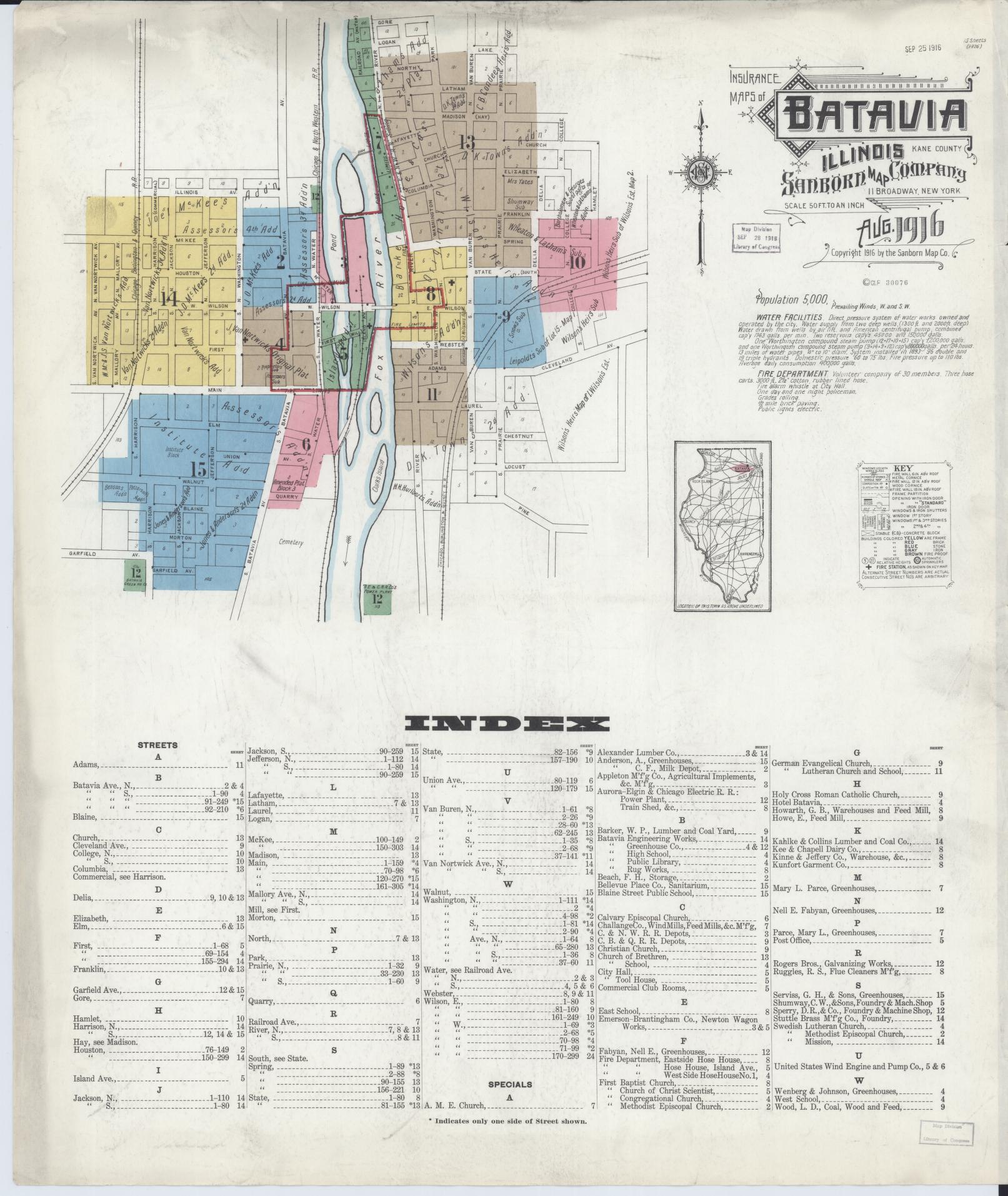 Sanborn Fire Insurance Map from Batavia, Kane County, Illinois (1916), Sheet #0001 - Complete Map Set gallery image, historic Sanborn map, vintage wall art, Illinois Illinois