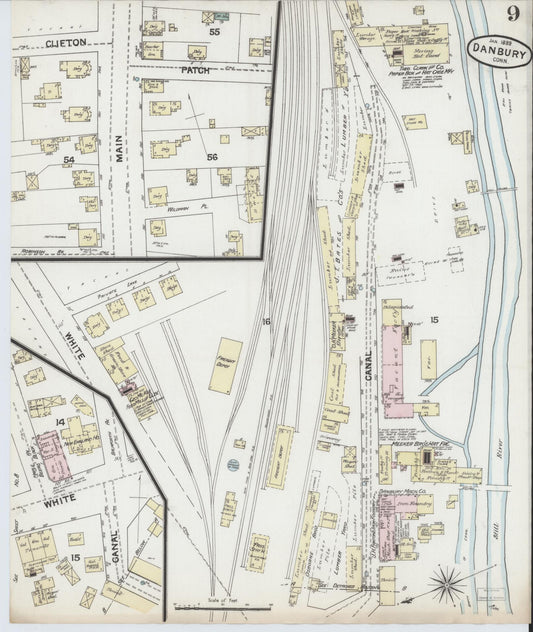Sanborn Fire Insurance Map from Danbury, Fairfield County, Connecticut (1889), Sheet #0009 - Historic Sanborn Fire Insurance Map Print, vintage old map wall art, antique decor, genealogy gift, Connecticut Connecticut map
