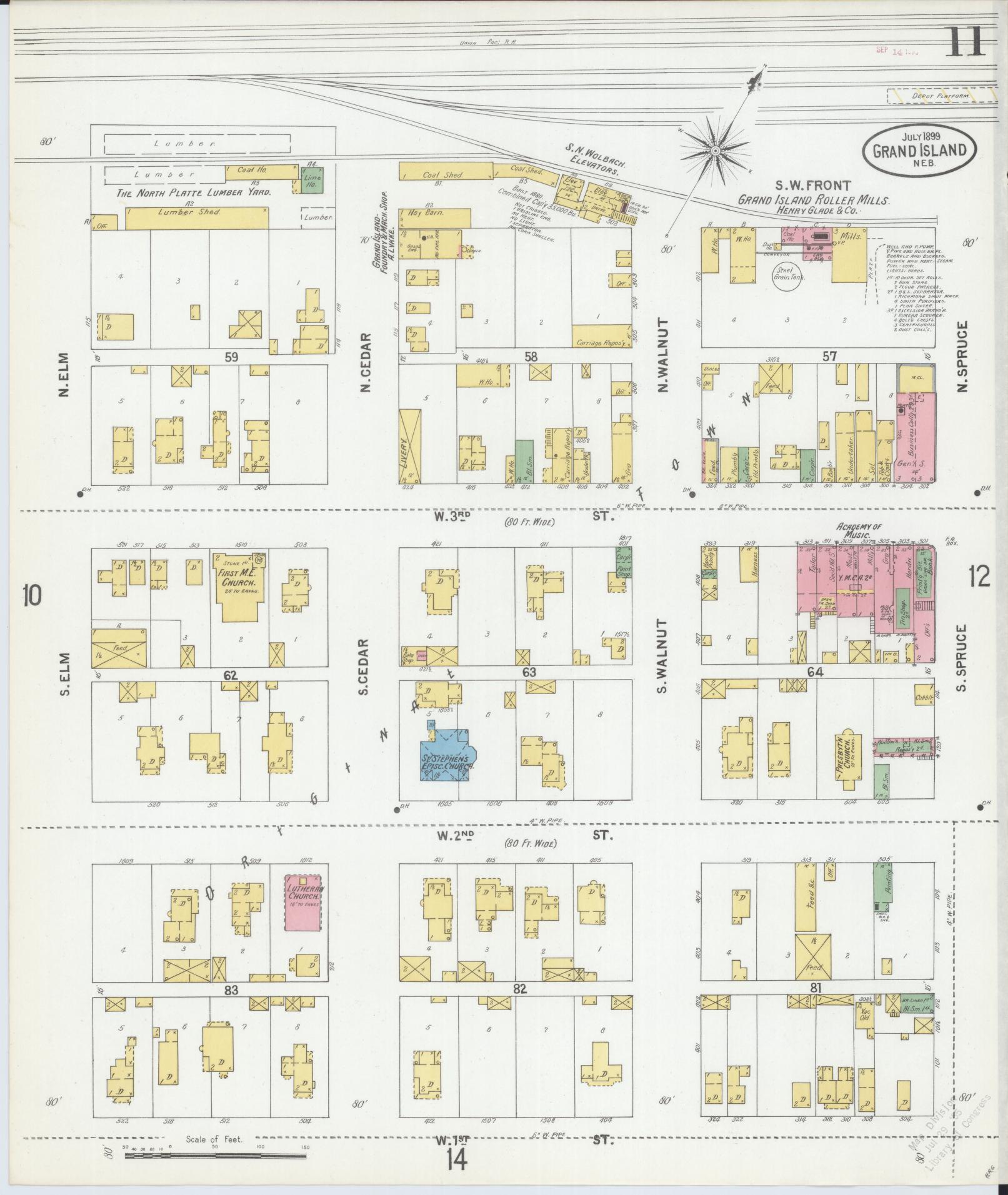 Sanborn Fire Insurance Map from Grand Island, Hall County, Nebraska (1899), Sheet #0011 - Complete Map Set gallery image, historic Sanborn map, vintage wall art, Nebraska Nebraska