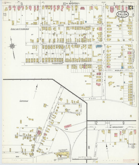 Sanborn Fire Insurance Map from Salem, Salem County, New Jersey (1915), Sheet #0013 - Historic Sanborn Fire Insurance Map Print, vintage old map wall art, antique decor, genealogy gift, New Jersey New Jersey map