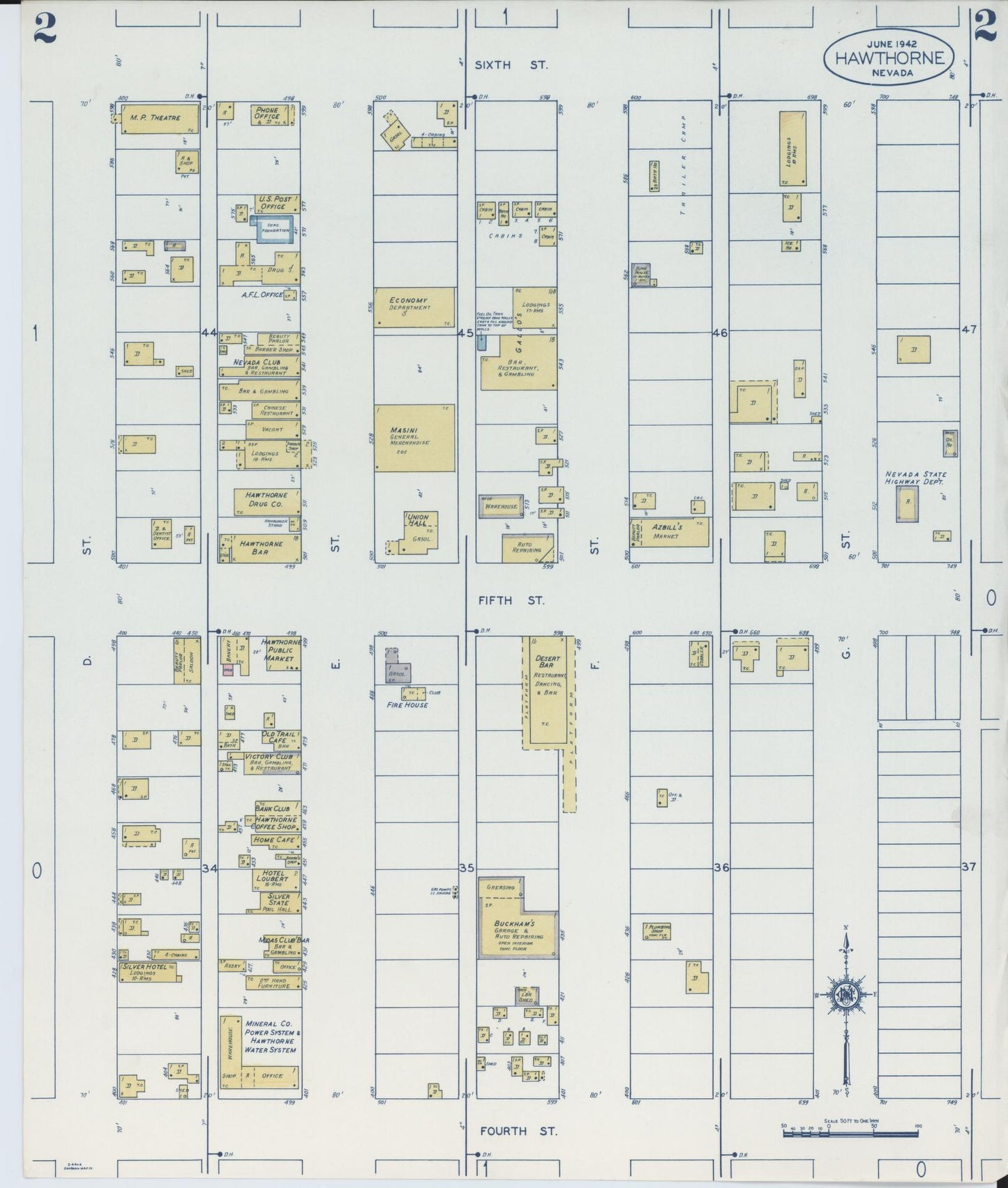 Sanborn Fire Insurance Map from Hawthorne, Mineral County, Nevada (1942), Sheet #0002 - Complete Map Set gallery image, historic Sanborn map, vintage wall art, Nevada Nevada