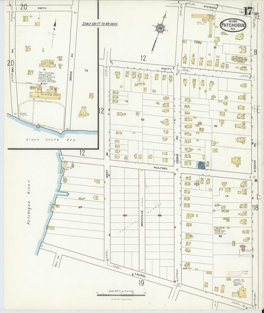 Sanborn Fire Insurance Map from Patchogue, Suffolk County, New York (1916), Sheet #0017 - Historic Sanborn Fire Insurance Map Print, vintage old map wall art, antique decor, genealogy gift, New York New York map
