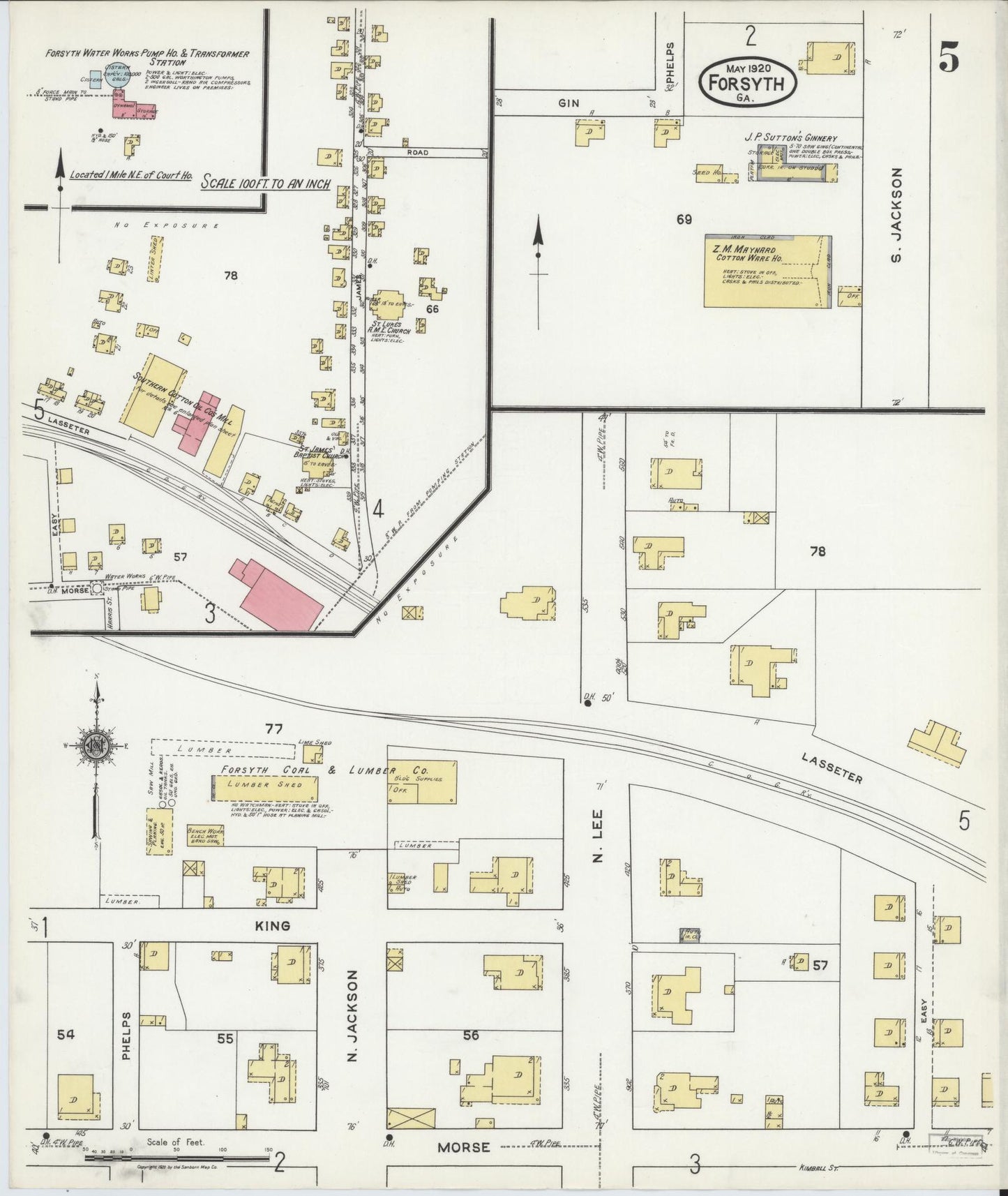 Sanborn Fire Insurance Map from Forsyth, Monroe County, Georgia (1920), Sheet #0005 - Historic Sanborn Fire Insurance Map Print, vintage old map wall art, antique decor, genealogy gift, Georgia Georgia map