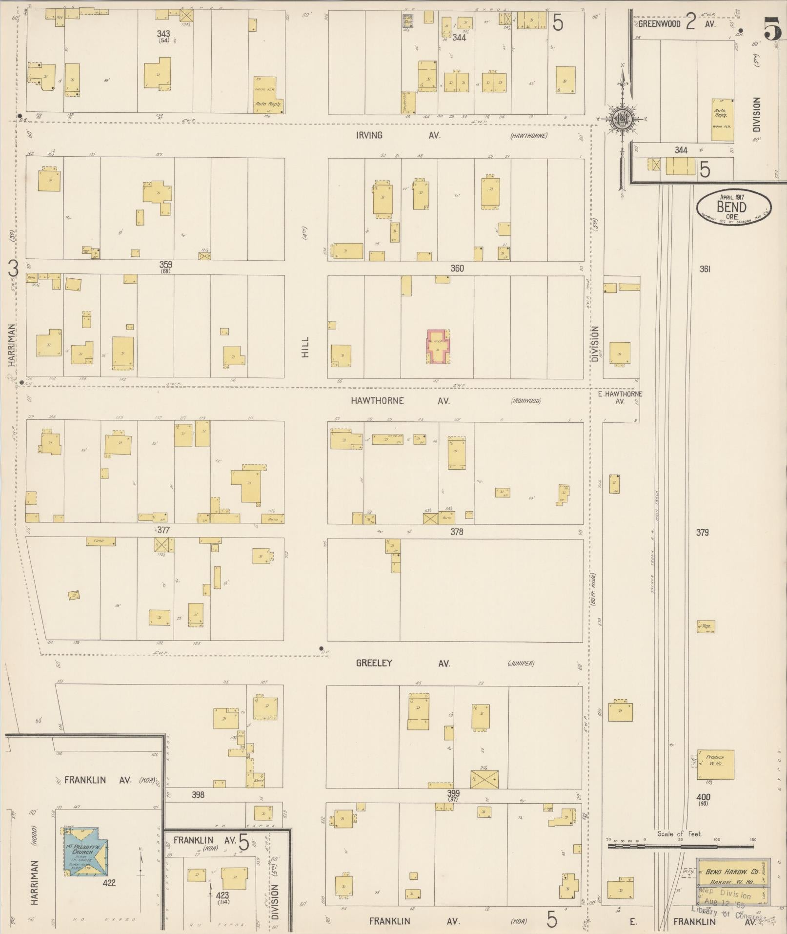 Sanborn Fire Insurance Map from Bend, Deschutes County, Oregon (1917), Sheet #0005 - Complete Map Set gallery image, historic Sanborn map, vintage wall art, Oregon Oregon