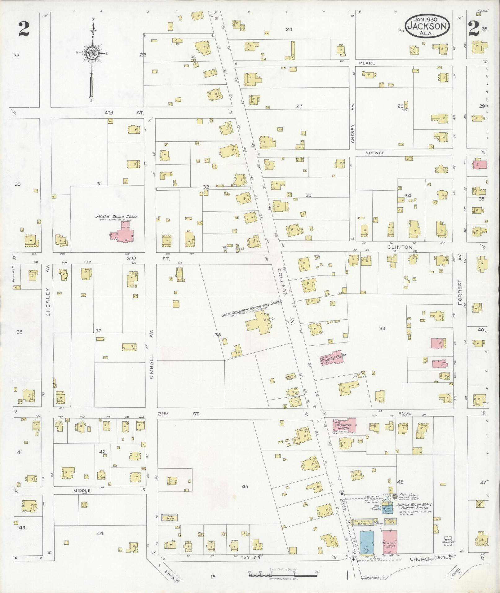 Sanborn Fire Insurance Map from Jackson, Clarke County, Alabama (1930), Sheet #0002 - Historic Sanborn Fire Insurance Map Print, vintage old map wall art, antique decor, genealogy gift, Alabama Alabama map